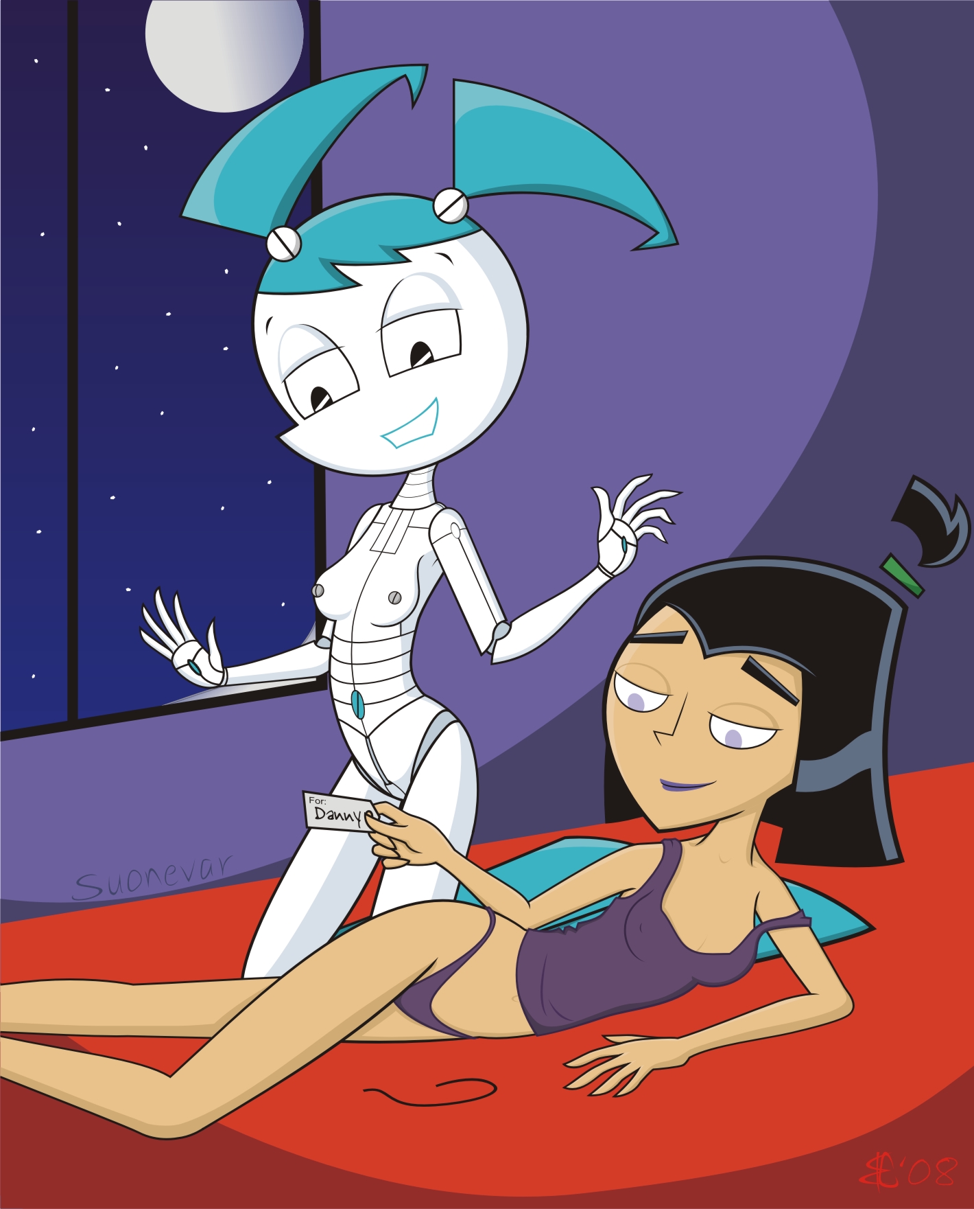 2girls crossover danny_phantom female goth gynoid human jenny_wakeman multiple_girls my_life_as_a_teenage_robot sam_manson screw_nipples smooth_skin tagme teenager xj-9