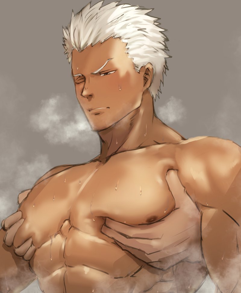 archer_(fate) breasts fate_(series) funa_(artist) gay male_only pec_grasp pecs white_hair