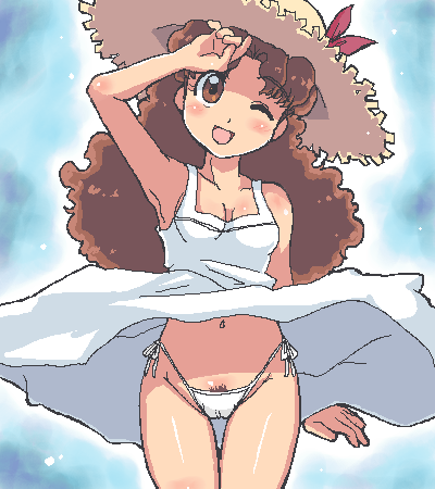 1girls 4040_(abonriya) breasts brown_eyes brown_hair cleavage color dress dress_lift female female_only hat long_hair lowres navel oekaki olive_(princess_maker) panties pixel pixel_art princess_maker_(series) princess_maker_2 pubic_hair side-tie_panties solo sun_hat underwear white_dress wind_lift wink