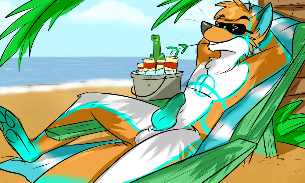 1boy alcohol anthro beach beer beverage biotoxicfox canine erection eyewear fox fur furry male male_only mammal markings penis relaxing seaside sirod solo sunglasses