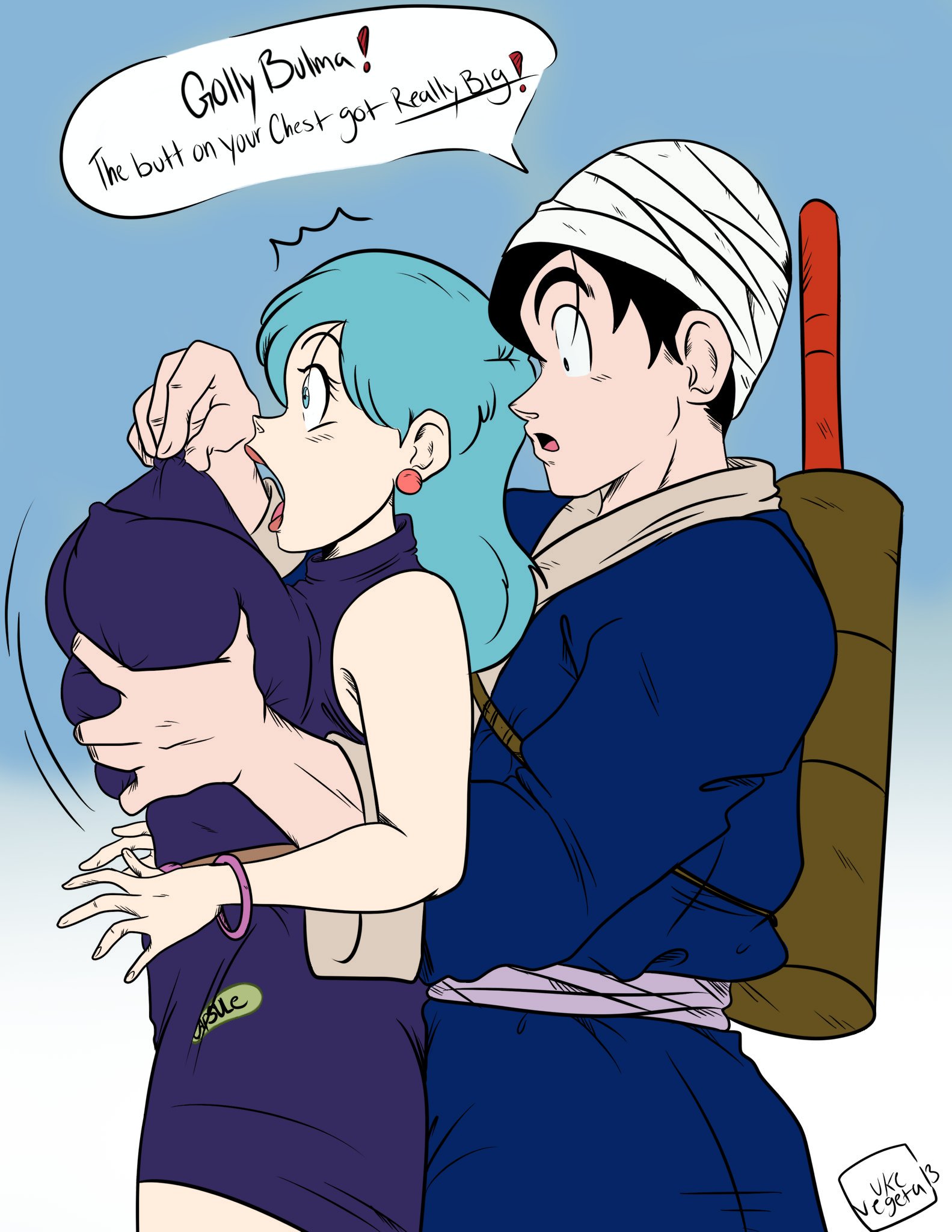 1boy, 1girls, big breasts, breasts, bulma briefs, dragon ball, female, male, nipples, son goku, ukevegeta13