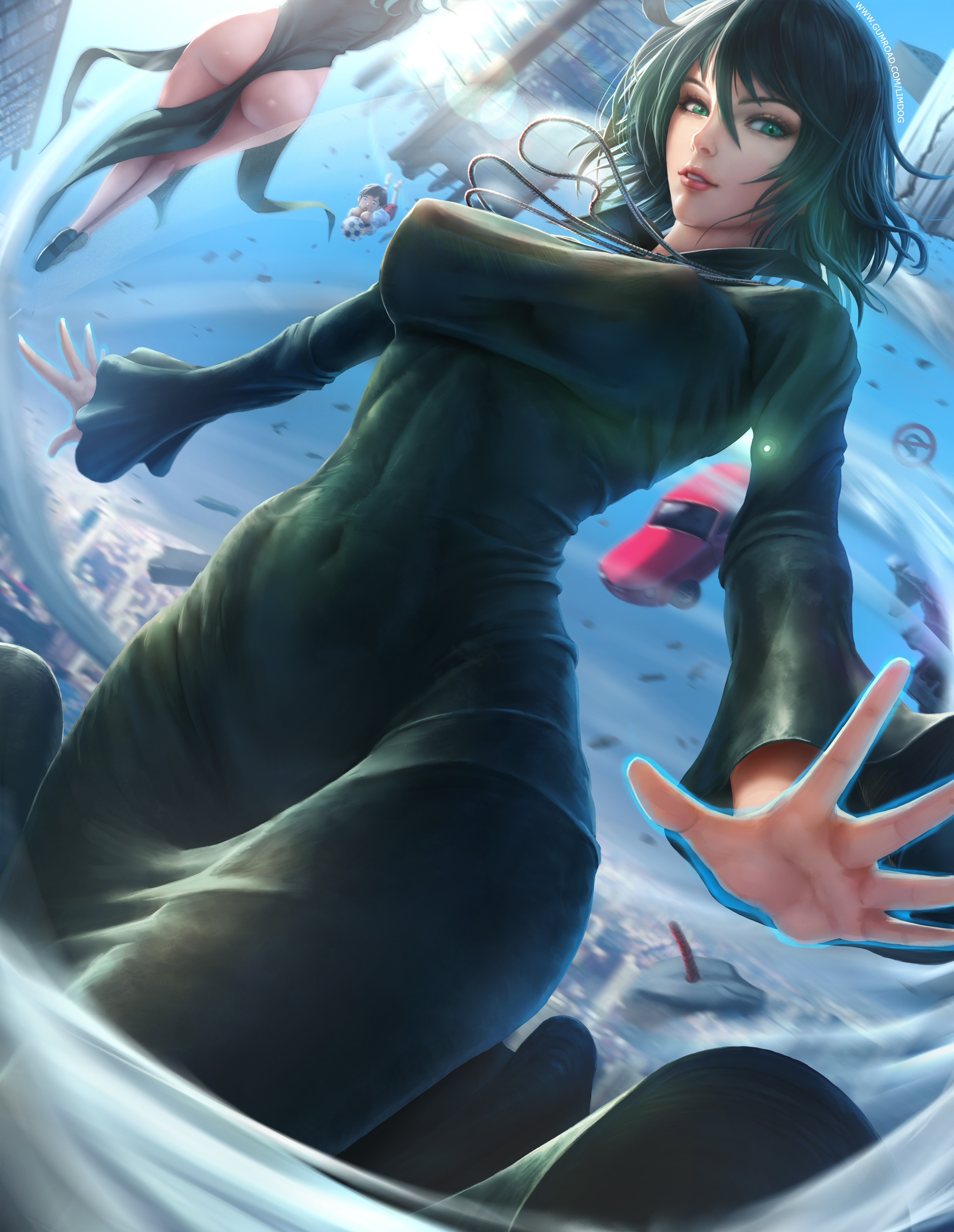2girls, areola, areolae, ass, big breasts, black dress, blush, bottomless, breasts, dress, exposed breasts, female, female focus, female only, female pubic hair, fubuki (one-punch man), green eyes, green hair, high heels, high resolution, highres, large breasts, limgae, long hair, looking at viewer, multiple females, multiple girls, nipple bulge, nude, nude female, nudity, one-punch man, pelvic curtain, pokies, pubes, pubic hair, pussy, smile, solo focus, tatsumaki