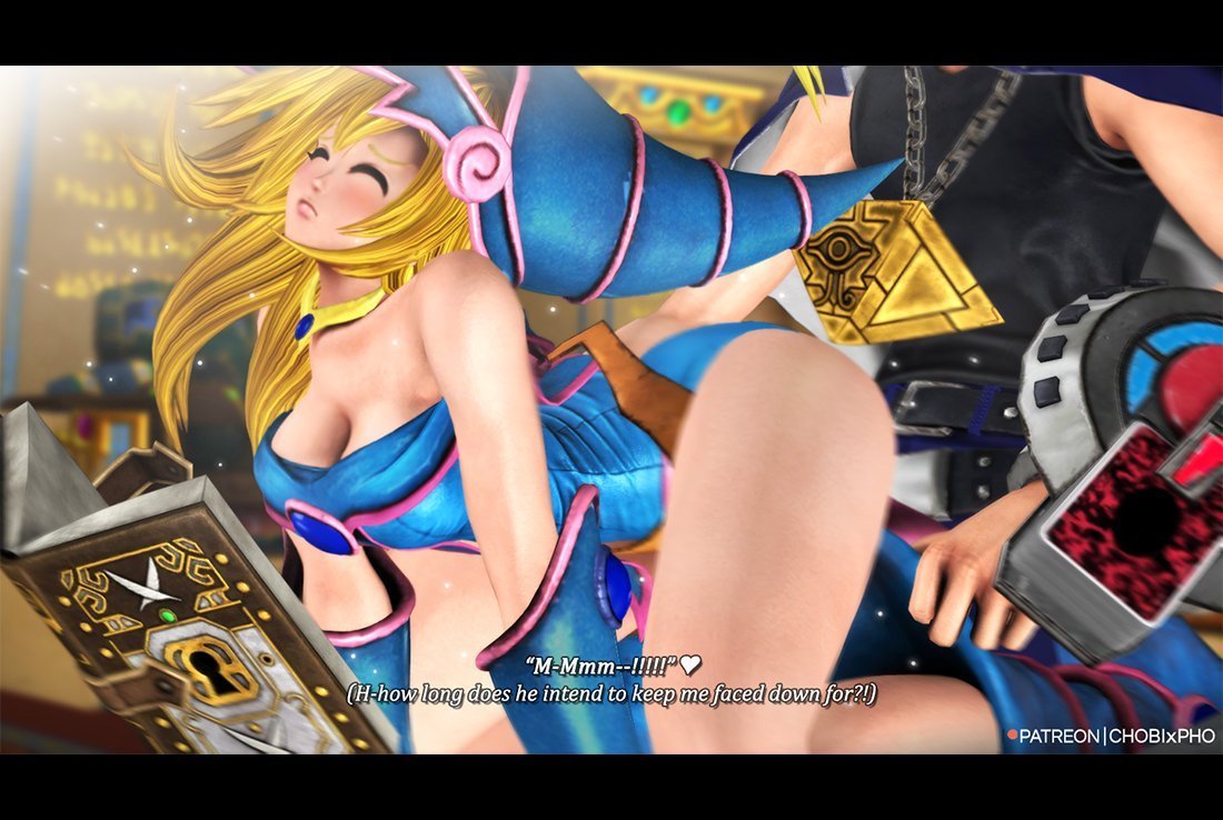 1boy 3d black_border blonde_hair chobixpho dark_magician_girl duel_monster female interspecies male patreon sex text watermark yami_yugi yu-gi-oh! yugi_muto