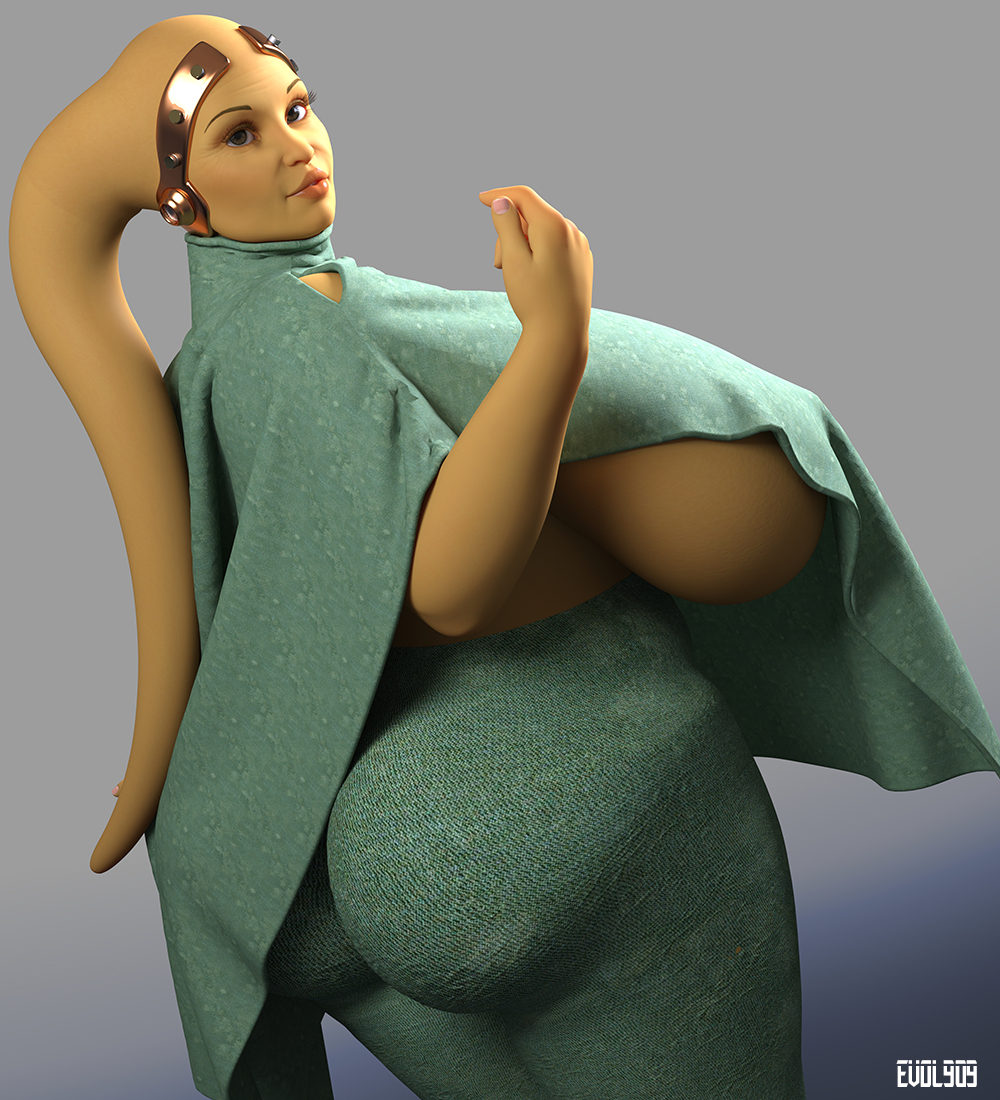 1girls, 3d, alien, alien girl, artist name, ass, ass crack, back view, bald, bare shoulders, big ass, big breasts, big butt, bimbo, breasts, busty, butt crack, curvy, dress, evolluisionist, eyelashes, female, female only, green dress, headgear, hourglass figure, humanoid, lekku, looking at viewer, looking back, lorrann humble (evolluisionist), mammal, mature, mature female, original character, pose, posing, shiny, shiny skin, sideboob, simple background, solo, standing, star wars, text, thick lips, twi'lek, voluptuous, wide hips, yellow skin