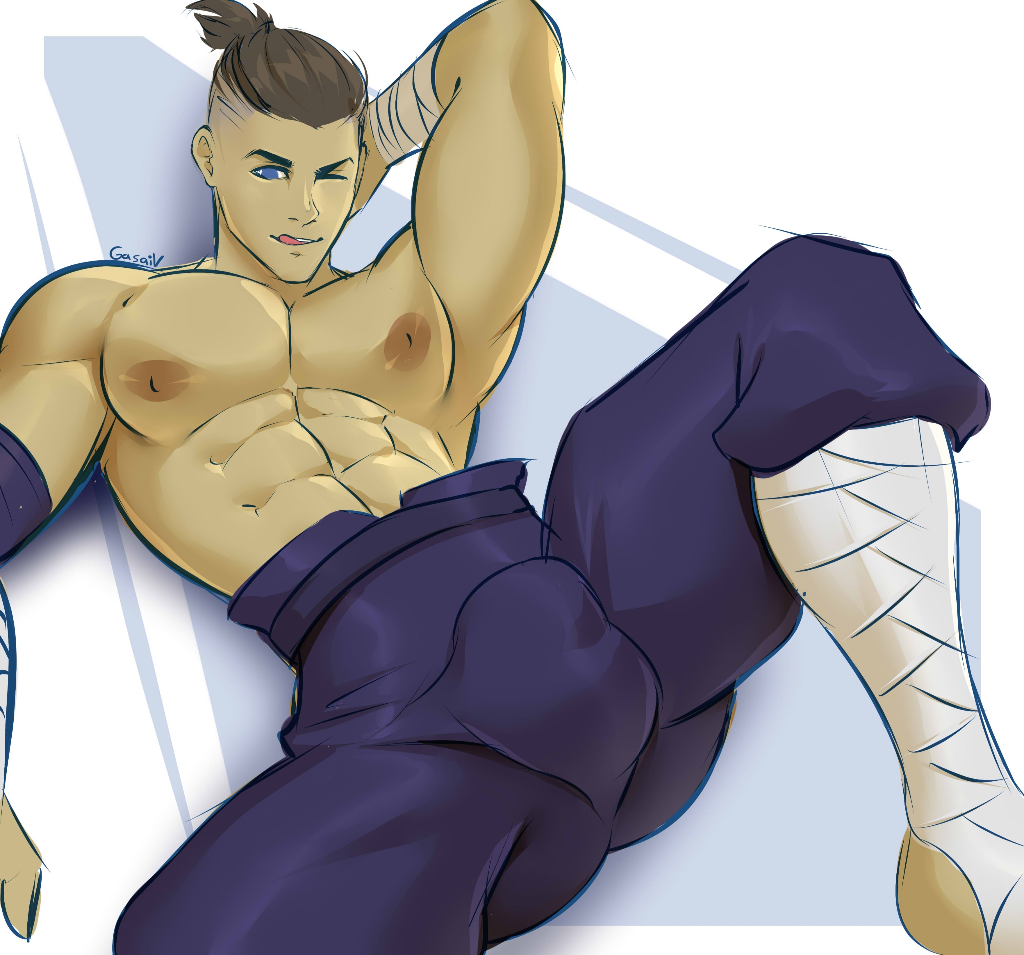 1boy, abs, arm behind head, arm up, avatar the last airbender, bara, biceps, blue eyes, blue pants, blue shorts, brown hair, bulge, clothing, cocky, dark skin, dark-skinned male, flexing, gasaiv, gay, gay male, hand behind head, human, human only, licking lips, looking at viewer, lying, lying on back, male, male focus, male nipples, male only, muscles, muscular, muscular arms, muscular chest, muscular male, native american male, naughty face, nipples, one eye closed, pants, pants only, pecs, penis, penis bulge, penis outline, seductive, shirtless, six pack, smile, smiling at viewer, sokka, solo, solo male, toned, toned male, tongue, tongue out, topless, white background, wink, winking at viewer, yaoi