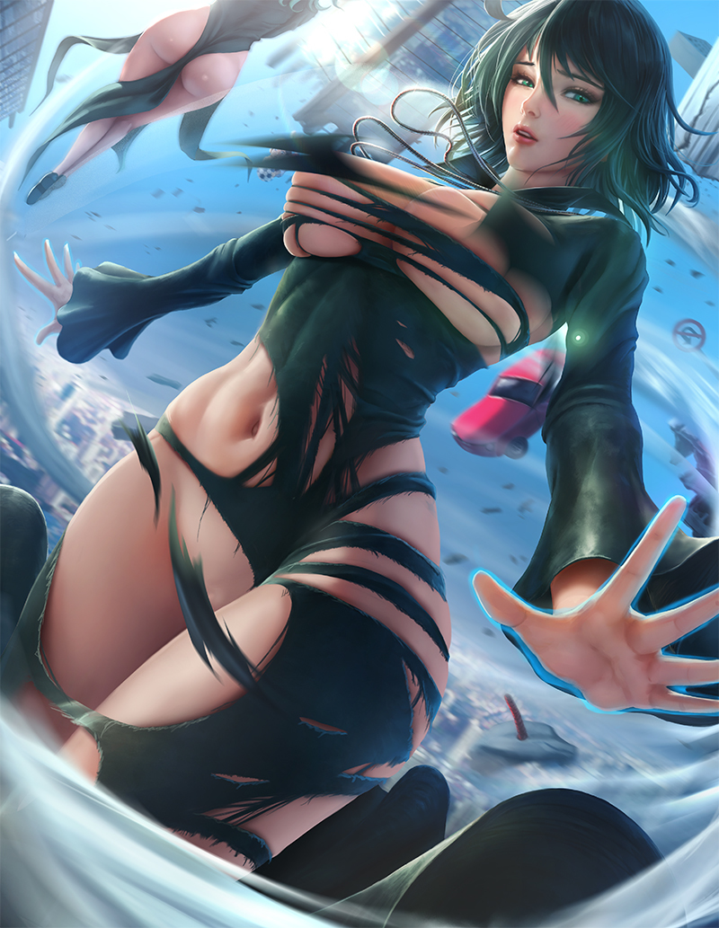 2girls, areola, areolae, ass, big breasts, blush, breasts, censored, convenient censoring, exposed breasts, female, female focus, female only, female pubic hair, fubuki (one-punch man), green eyes, green hair, large breasts, limgae, long hair, looking at viewer, multiple females, multiple girls, nude, nude female, nudity, one-punch man, pubes, pubic hair, pussy, solo focus, tatsumaki, thick thighs, torn clothes