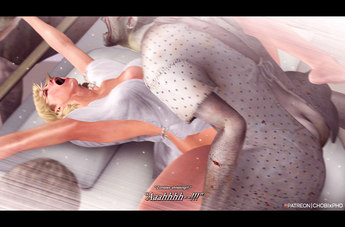 1boy, 1girls, 3d, black border, blonde hair, chobixpho, dress, female, hospital, hospital gown, male, monster, no bra, no panties, patreon, rape, resident evil, resident evil 6, rough sex, sex, sherry birkin, short hair, text, watermark, zombie