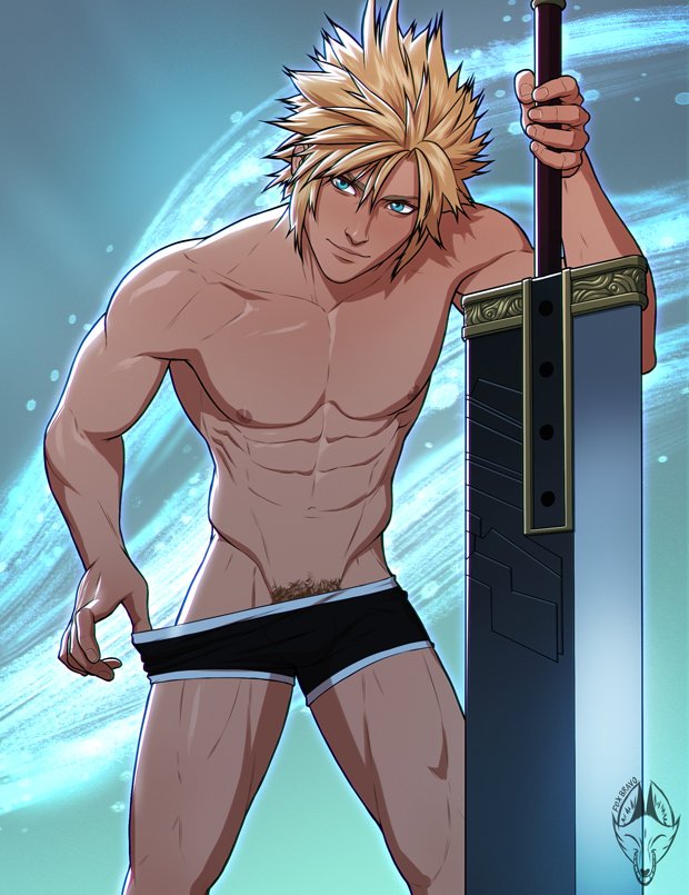 1boy abs blonde_hair blue_eyes cloud_strife final_fantasy final_fantasy_vii foxbravo looking_at_viewer male male_only pubic_hair smile solo sword thumb_in_waistband underwear undressing yaoi