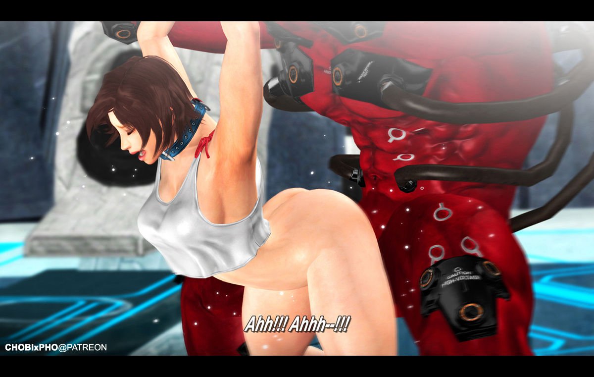 3d, arms up, ass, bondage, brown hair, chobixpho, clenched teeth, closed eyes, clothing, defeated, female, from behind, gigas (tekken), interspecies, kazama asuka, male, monster, penetration, pussy, rape, restrained, rough sex, short hair, size difference, sportswear, spread legs, tank top, tekken, tomboy, vaginal penetration