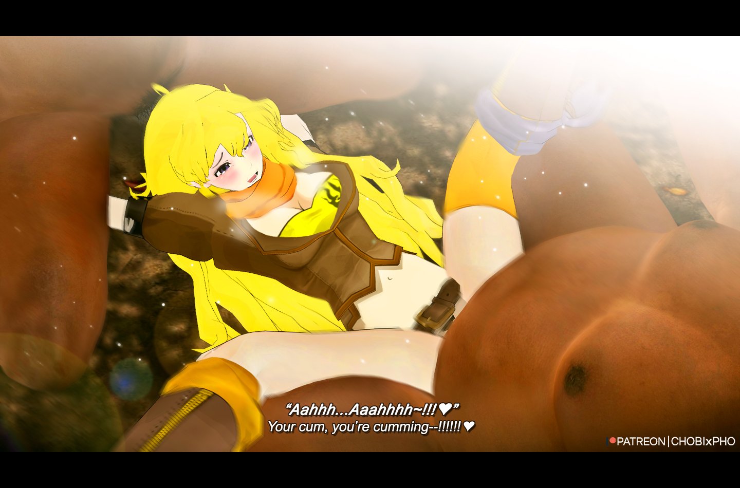 3d, blonde hair, blush, chobixpho, cleavage, clothed sex, cum, cum inside, dark skin, dark-skinned male, fat male, female, gangbang, interracial, long hair, male, open mouth, penis, pussy, rwby, sex, spread legs, text, thighhighs, vaginal penetration, yang xiao long