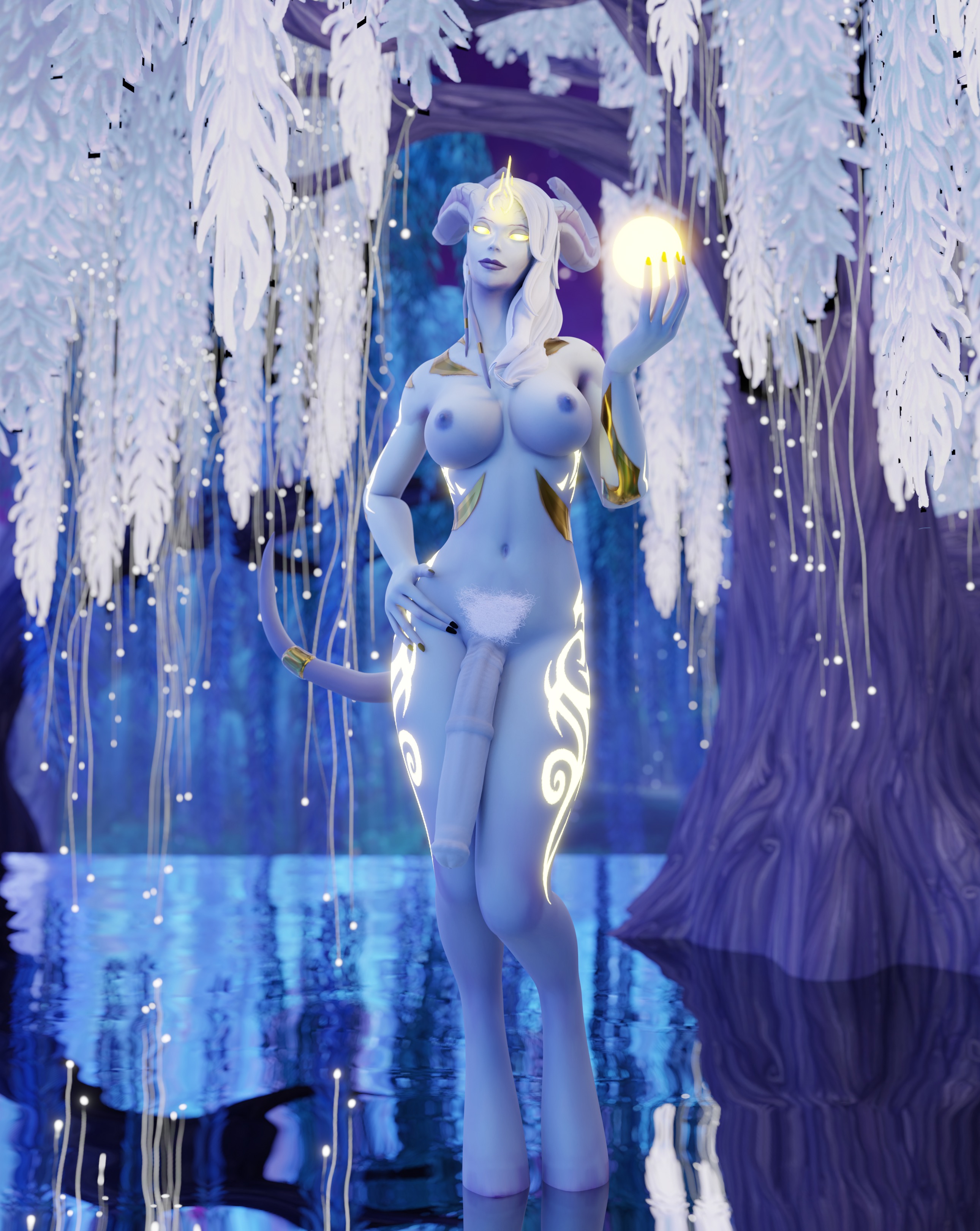 1futa, 3d, animal genitalia on humanoid, big penis, blue penis, blue skin, breasts, draenei, flaccid, futa only, futanari, glowing eyes, hooves, horns, horsecock, horsecock on humanoid, huge cock, intersex, large breasts, lightforged draenei, long penis, nude, original character, penis, penis to the knees, pubic hair, solo, tail, thick thighs, tree, water, white hair, white pubic hair, world of warcraft