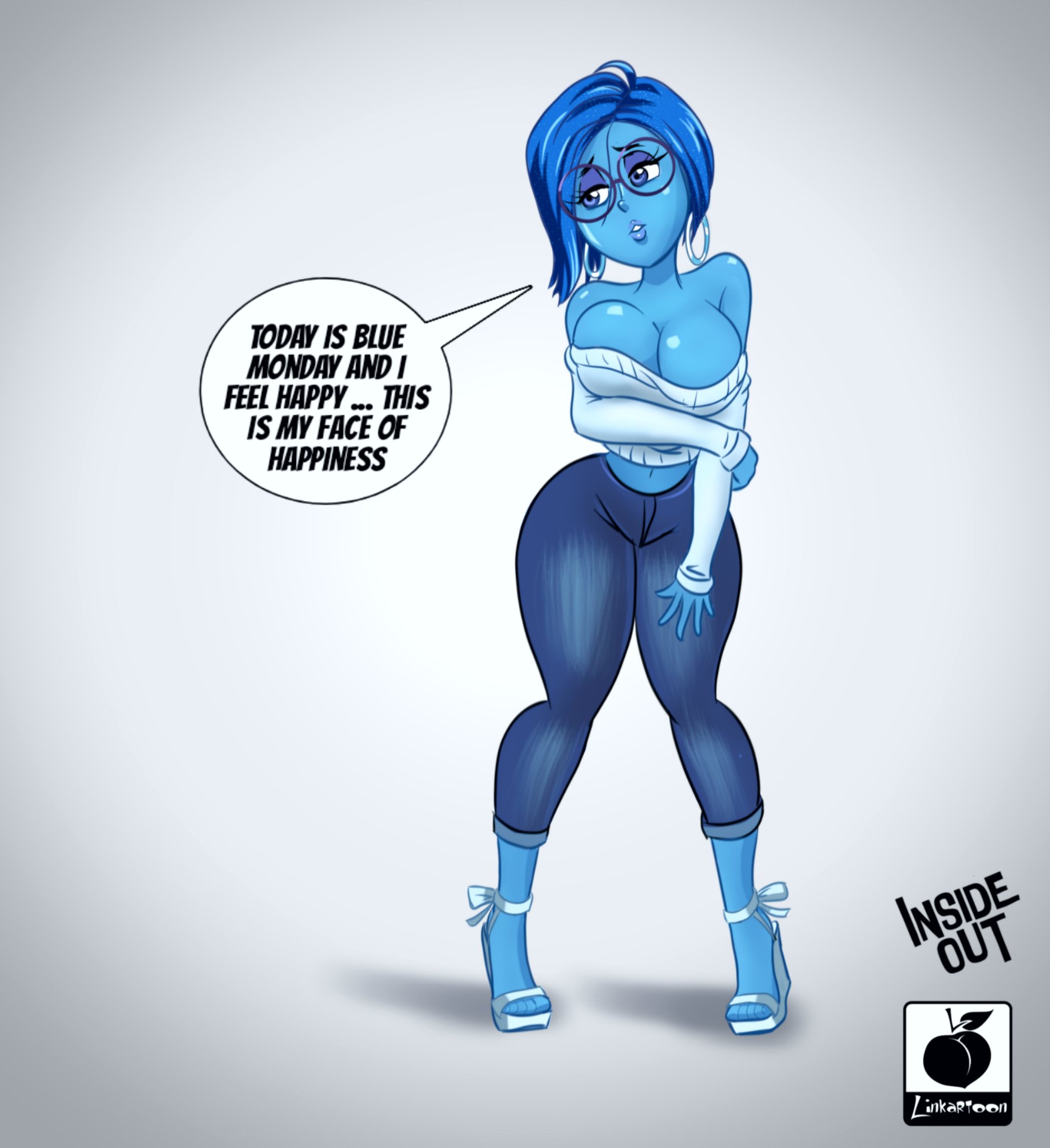 barefoot, blue eyes, blue hair, blue skin, breasts, cleavage, clothed, curvy, disney, earrings, english text, eyeshadow, female, glasses, high heels, hoop earrings, inside out, large breasts, linkartoon, off-shoulder sweater, pixar, platform heels, sadness (inside out), slender waist, solo, sweater, thick thighs, tight pants, unaligned breasts, wedge heels