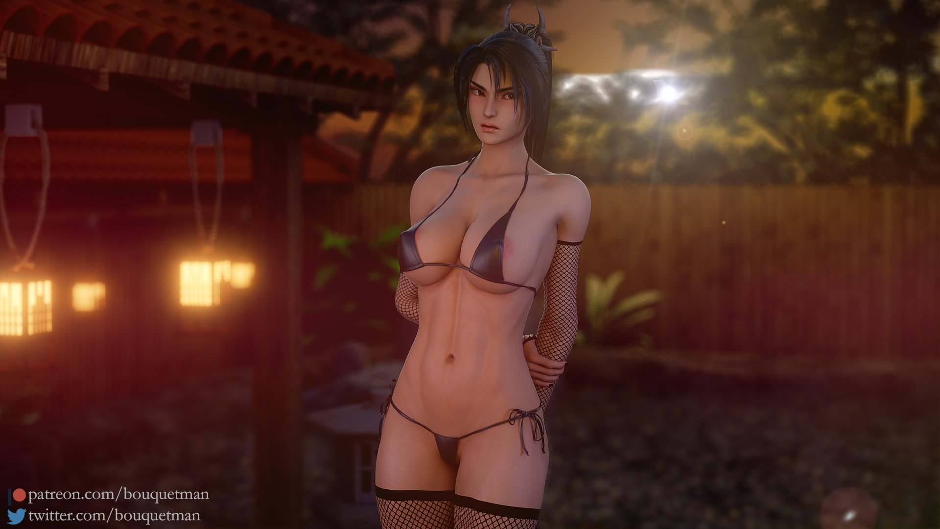 1girls, 3d, abs, areola slip, areolae, big breasts, bikini, black hair, blender, bouquetman, breasts, cleavage, female, female only, frown, large breasts, nipples, ponytail, solo, soul calibur, stockings, taki (soulcalibur)
