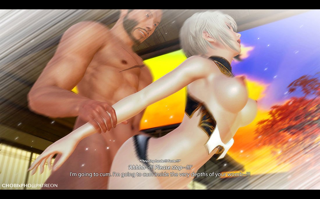 1boy 1girls 3d abs arm_grab ass beard black_border bouncing_breasts breasts chobixpho dark-skinned_male dark_skin dynasty_warriors from_behind interracial lu_lingqi patreon sex short_hair side_view text watermark