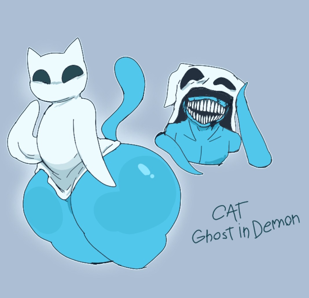 ambiguous gender, anthro, blue body, bottomless, bottomless anthro, clothed, clothing, creepy, domestic cat, felid, feline, felis, ghost, ghost costume, grey background, guhg kemon, guhg kemonowo, looking at viewer, mammal, raised tail, simple background, solo, spirit, tail, teeth, thick thighs, wide hips
