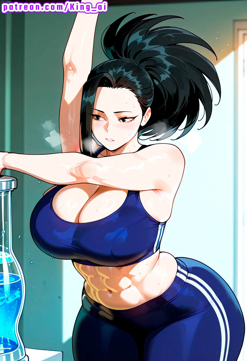 1female, 1girls, abs, absurd res, ai assisted, ai generated, arm up, ass, big ass, big breasts, big butt, big thighs, black eyes, black hair, blue leggings, blue sports bra, boku no hero academia, breasts, cleavage, creati, creaty, female, gym, gym clothes, high resolution, highres, indoors, king ai, large ass, large breasts, large butt, leggings, massive ass, massive breasts, massive butt, massive thighs, momo yaoyorozu, muscular female, my hero academia, navel, ponytail, spiky hair, sports bra, sportswear, stable diffusion, stretching, sweat, thick ass, thick butt, thick legs, thick thighs, thighs, water bottle, yaoyorozu momo