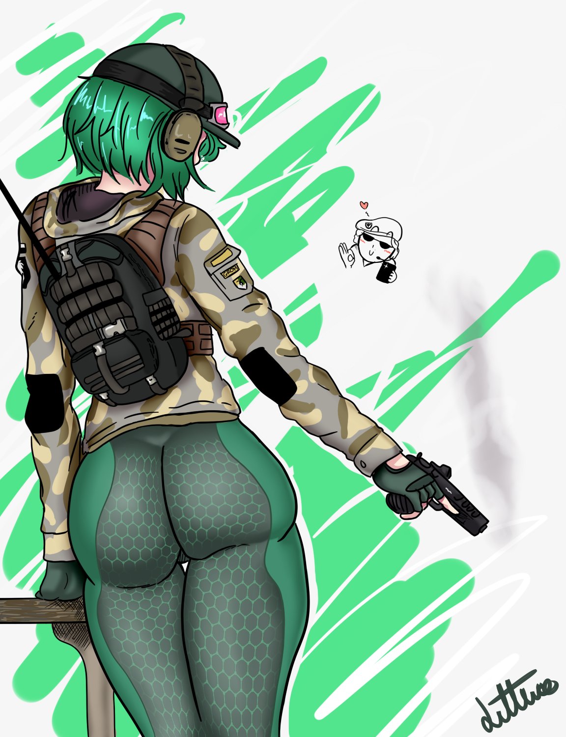 1girls, ass, ass focus, ela (rainbow six), female, female only, green hair, rainbow six, rainbow six siege, solo, tagme, tight clothing, tom clancy, zofia (rainbow six)