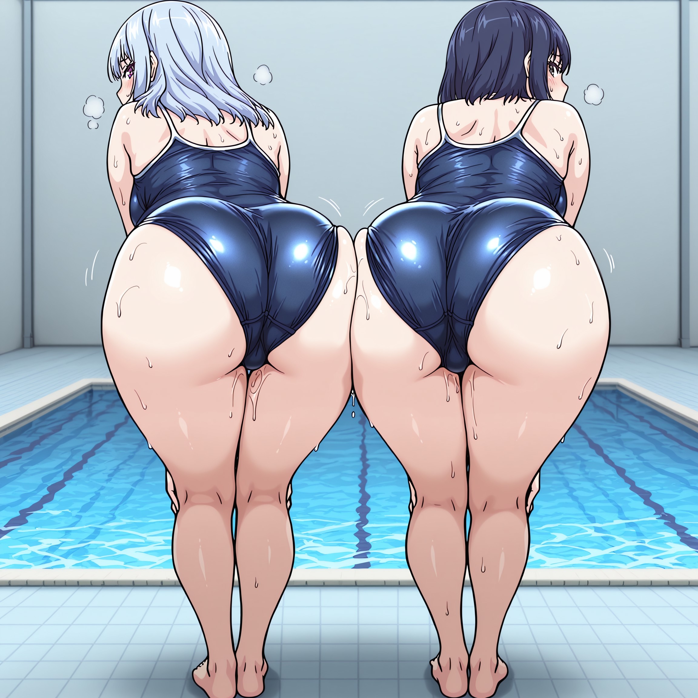 2girls, ai generated, ass, ass-to-ass, bending over, bent over, bubble butt, campbell mira, full body, huge ass, kujou shizuru, looking at viewer, medium breasts, oide yo! shiritsu yarima x rigakuen, one-piece swimsuit, pool, poolside, school swimsuit, standing, swimsuit, thick thighs, wet, wet ass