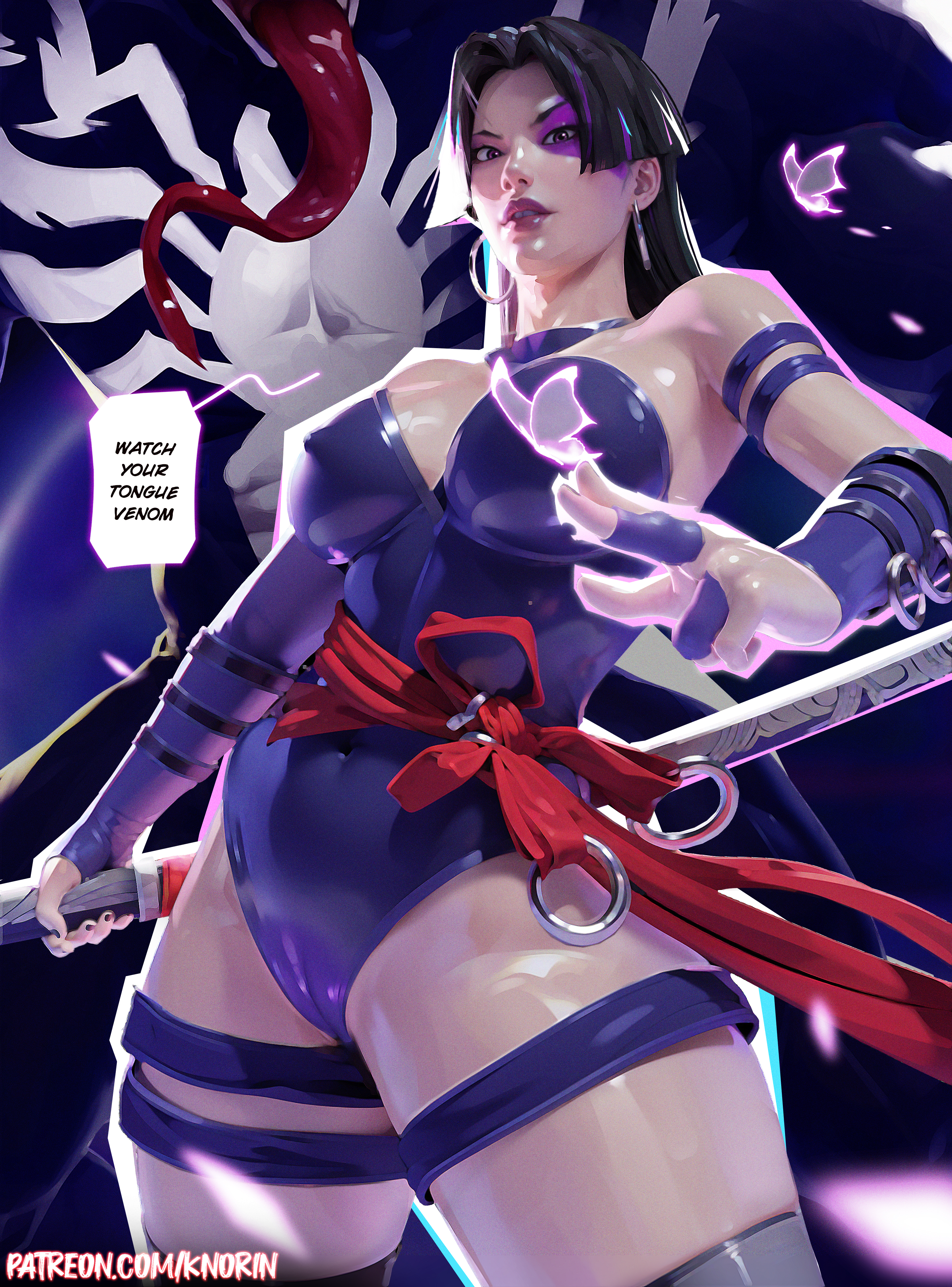 1boy, 1girls, 2025, 3d, 3d (artwork), artist name, asian, asian female, aura, belly button visible through clothing, big breasts, black hair, breasts, butterfly, cleavage, construct, curvaceous, curvaceous body, curvaceous female, curvaceous figure, curvaceous hips, curvy, curvy body, curvy female, curvy figure, curvy hips, earrings, energy, english text, esper, female, female focus, hips, japanese, japanese female, katana, knorin art, light skin, light-skinned female, long hair, looking at viewer, looking down, male, marvel, marvel comics, marvel rivals, muscular, muscular male, patreon, patreon username, psylocke, psylocke (sai) (vengeance), purple aura, seductive, seductive look, sfw, shiny, shiny skin, solo focus, spider-man (series), sword, text, thick, thick breasts, thick hips, thick thighs, thighhighs, venom (marvel rivals), venom (marvel), violet aura, voluptuous, voluptuous female, weapon, wide hips, x-men