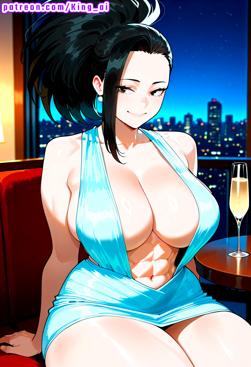 1female, 1girls, absurd res, ai assisted, ai generated, alcohol, ass, big ass, big breasts, big butt, big thighs, black eyes, black hair, blue dress, blush, boku no hero academia, breasts, champagne, city lights, cleavage, cocktail dress, creati, creaty, female, glass, halterneck, high resolution, highres, indoors, king ai, large ass, large breasts, large butt, light blue dress, massive ass, massive breasts, massive butt, massive thighs, momo yaoyorozu, my hero academia, night, plunging neckline, ponytail, side boob, sitting, skyline, smile, spiky hair, stable diffusion, thick ass, thick butt, thick legs, thick thighs, thighs, tight dress, yaoyorozu momo