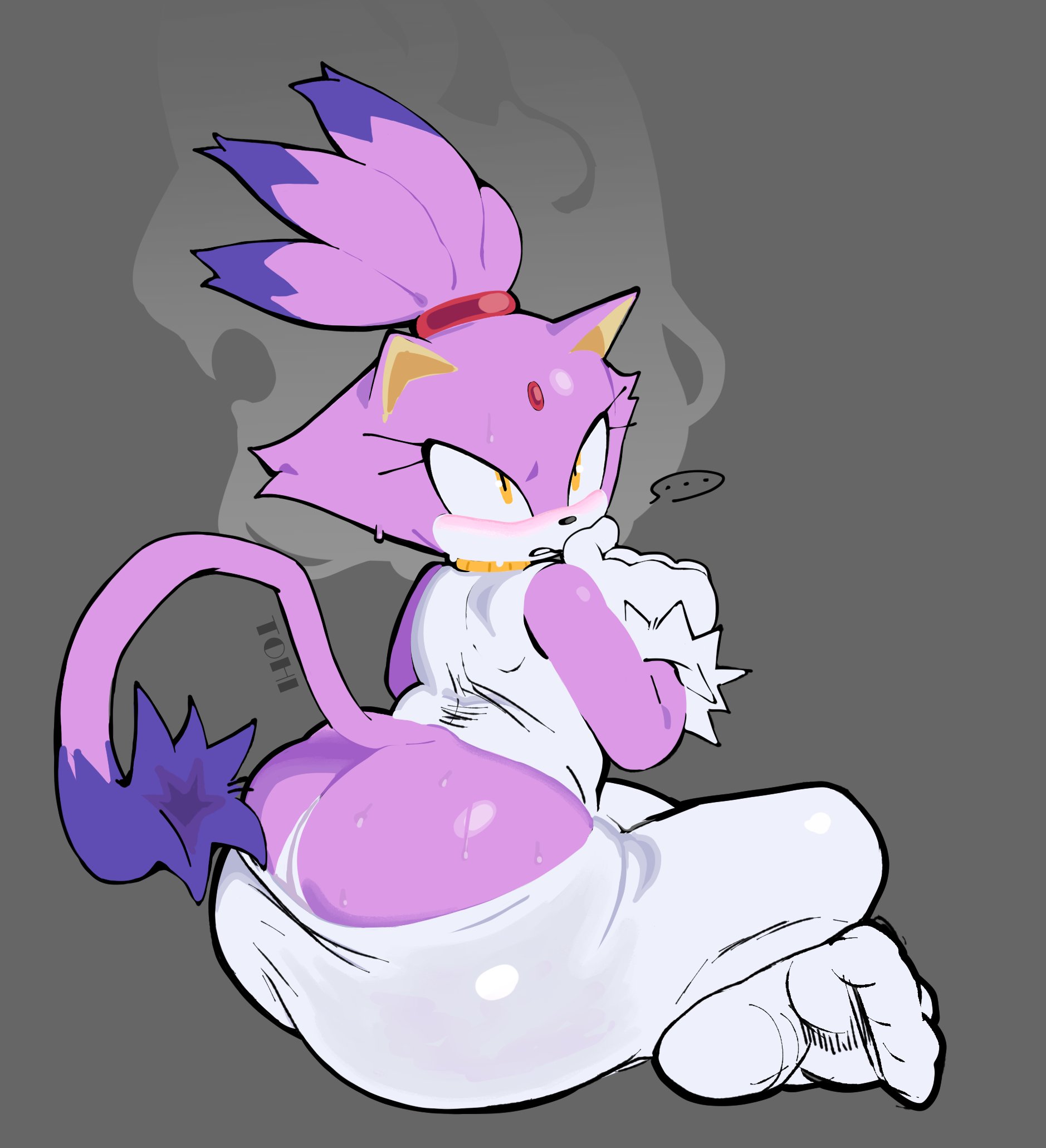anthro, ass, big butt, black nose, blaze the cat, blush, bodily fluids, bottomwear, butt cleavage, clothing, dipstick tail, domestic cat, ellipsis, eyelashes, feet, felid, feline, felis, female, forehead gem, fur, gem, gloves, grey background, handwear, hi res, huge butt, mammal, markings, pants, purple body, purple fur, sega, simple background, sitting, solo, sonic (series), sonic the hedgehog (series), steam, steaming body, sweat, tail, tail markings, theonehornedimp, thick thighs, topwear, white body, white bottomwear, white clothing, white fur, white gloves, white handwear, white pants, white topwear, wide hips, yellow eyes