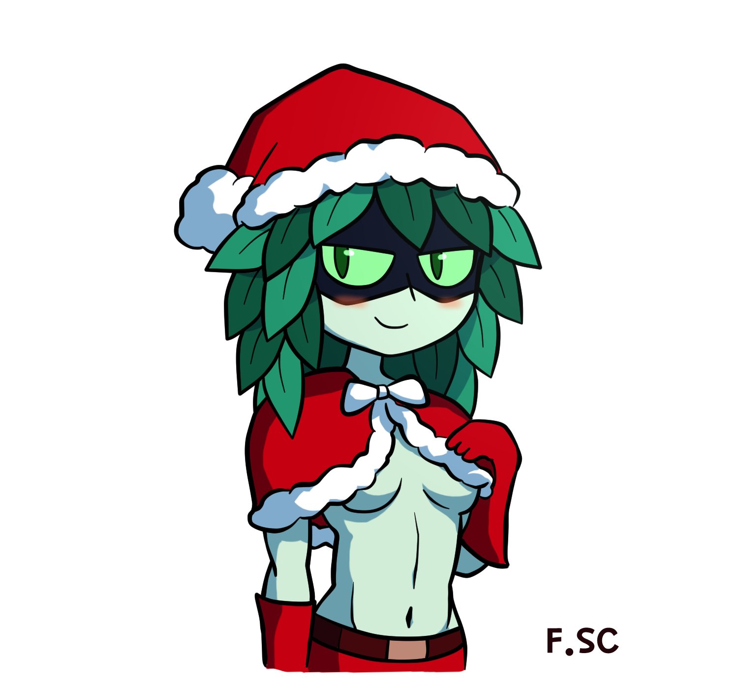 adventure time, blush, blushing, breasts, christmas, female, fizzyspidercider, green eyes, green skin, huntress wizard, leaf hair, santa costume, small breasts, smug