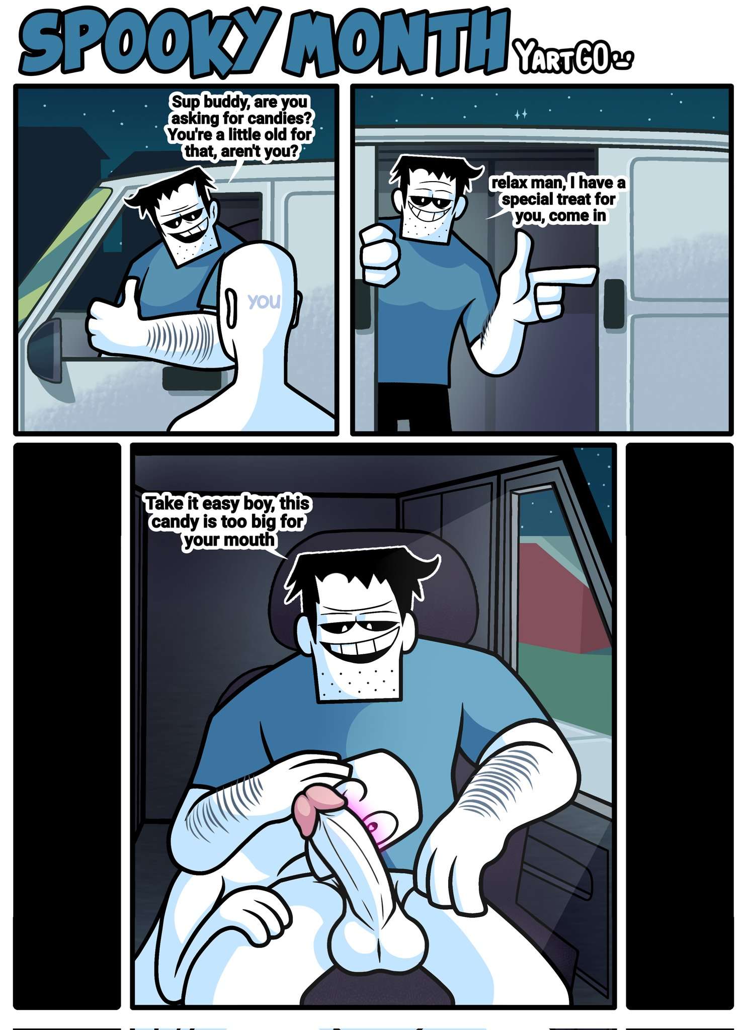 2boys, 2d, 2d (artwork), 4 fingers, arm hair, balls, before oral, big penis, black hair, bottomless, clothes, clothing, comic, dialogue, duo, erection, frank (spooky month), gay, glans, hair, heart-shaped pupils, humanoid, inviting to oral, inviting to sex, male, male only, male/male, penis, pink glans, smiling, spooky month, teeth, white body, yaoi, yartgo, you