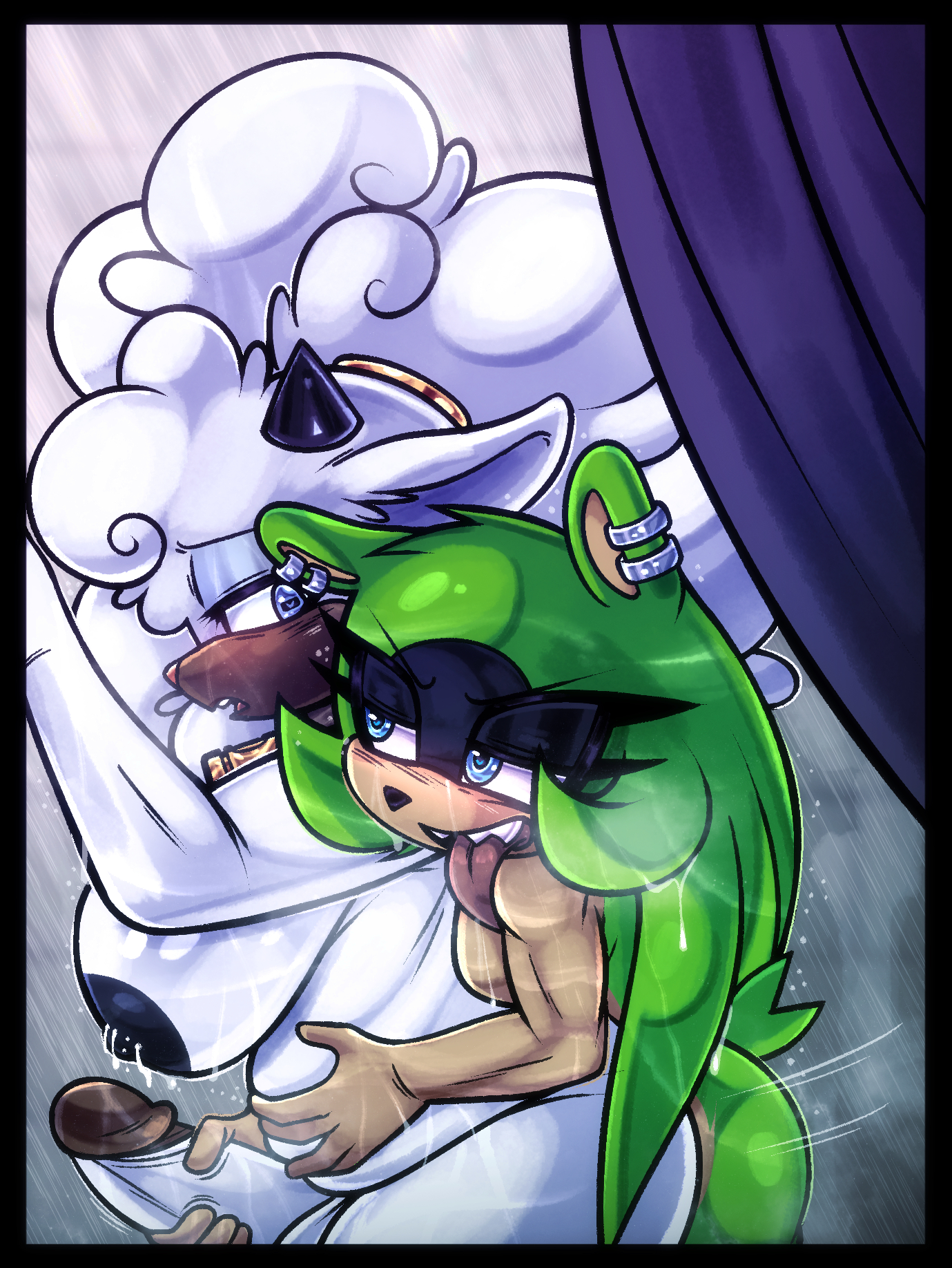 2girls, afrosoricid, anthro, big breasts, big penis, black nipples, black nose, blue eyes, bodily fluids, bovid, breastmilk, breasts, brown body, brown skin, caprine, cowbell, dark body, dark skin, duo, ear piercing, ear ring, fur, futanari, genitals, green body, green fur, gynomorph, gynomorph/gynomorph, hair, handjob, hi res, horn, idw publishing, intersex, intersex/intersex, lactating, lanolin the sheep, long ears, long hair, loose hair, mammal, milk, nipples, nsfwkibichi, nude, nude gynomorph, open mouth, overweight, overweight gynomorph, overweight intersex, penile, penis, piercing, pink nose, reach around, ring piercing, sega, sex, sharp teeth, sheep, sonic (series), sonic the hedgehog (comics), sonic the hedgehog (idw), sonic the hedgehog (series), surge the tenrec, tail, teeth, tenrec, tongue, tongue out, white body, white fur