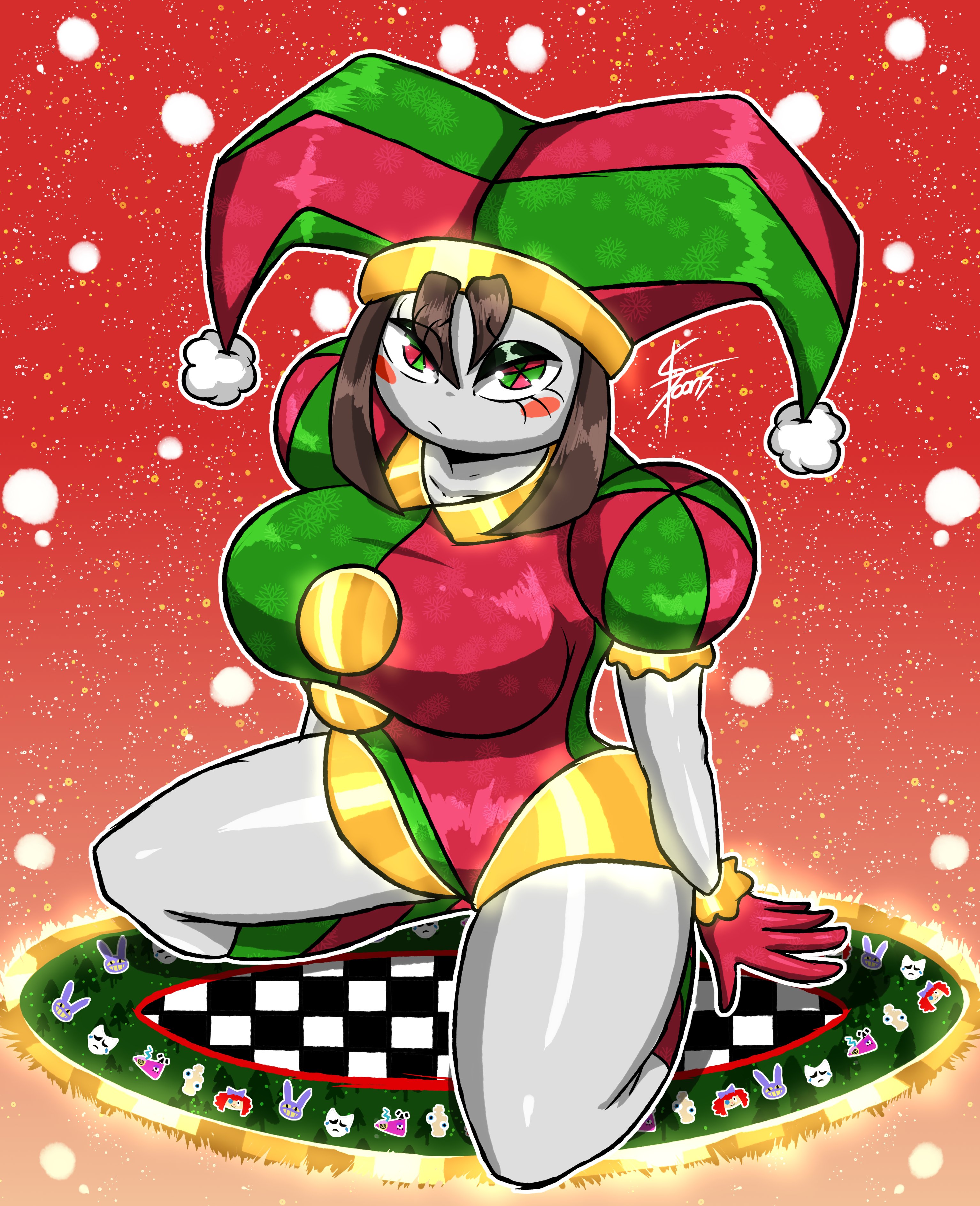 1girls, big breasts, christmas, christmas outfit, female, female only, fully clothed, glitch productions, kneeling, looking at viewer, pomni (the amazing digital circus), seblewds, sebtoons, solo, solo female, the amazing digital circus, thick thighs