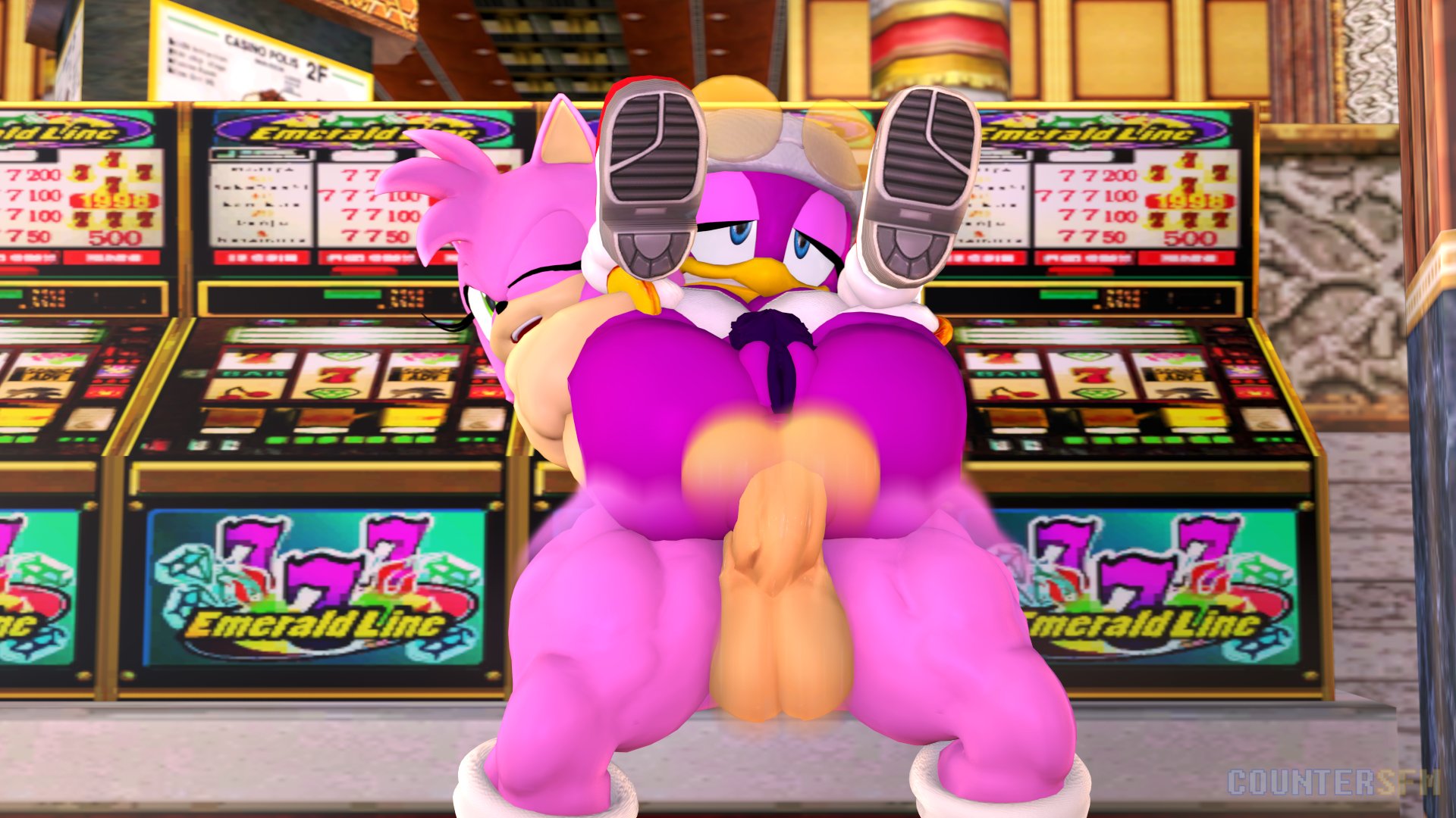 16:9, 3d, 3d (artwork), amy rose, anal, anal sex, anthro, avian, balls, biceps, big balls, big penis, bird, casino, countersfm, digital media (artwork), duo, eulipotyphlan, female, full nelson, full nelson (legs held), futa, futanari, genitals, gynomorph, hedgehog, hi res, hirundinid, intersex, intersex/female, looking pleasured, mammal, motion blur, muscular, muscular female, muscular thighs, no, one eye closed, oscine, passerine, penetration, penis, pubes, sega, slot machine, sonic (series), sonic riders, sonic the hedgehog (series), swallow (bird), vulva, wave the swallow, widescreen, yuri