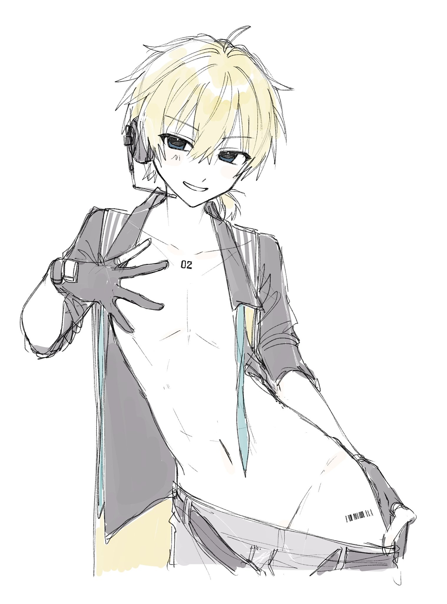 1boy, anime, blonde hair, blue eyes, boy, femboy, gloves, hips, idol, kagamine len, nude male, open shirt, pectorals, semi nude, sexy, sexy body, sexy pose, solo male, tie pull, vocaloid