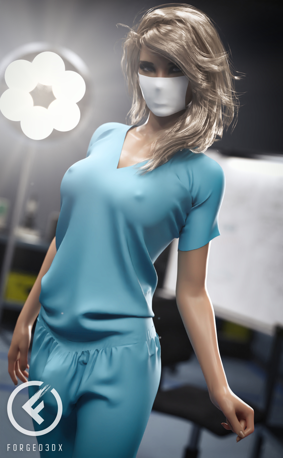 1futa, 3d, balls, balls bulge, balls under clothes, blonde hair, breasts, bulge, cameltail, curvy, erect nipples, face mask, flaccid, forged3dx, futa only, futa sans pussy, futanari, intersex, large breasts, large penis, lisa (forged3dx), looking at viewer, mask, nipple bulge, nipples, penis, penis bulge, penis under clothes, realistic, scrubs, solo, solo futa, surgical mask