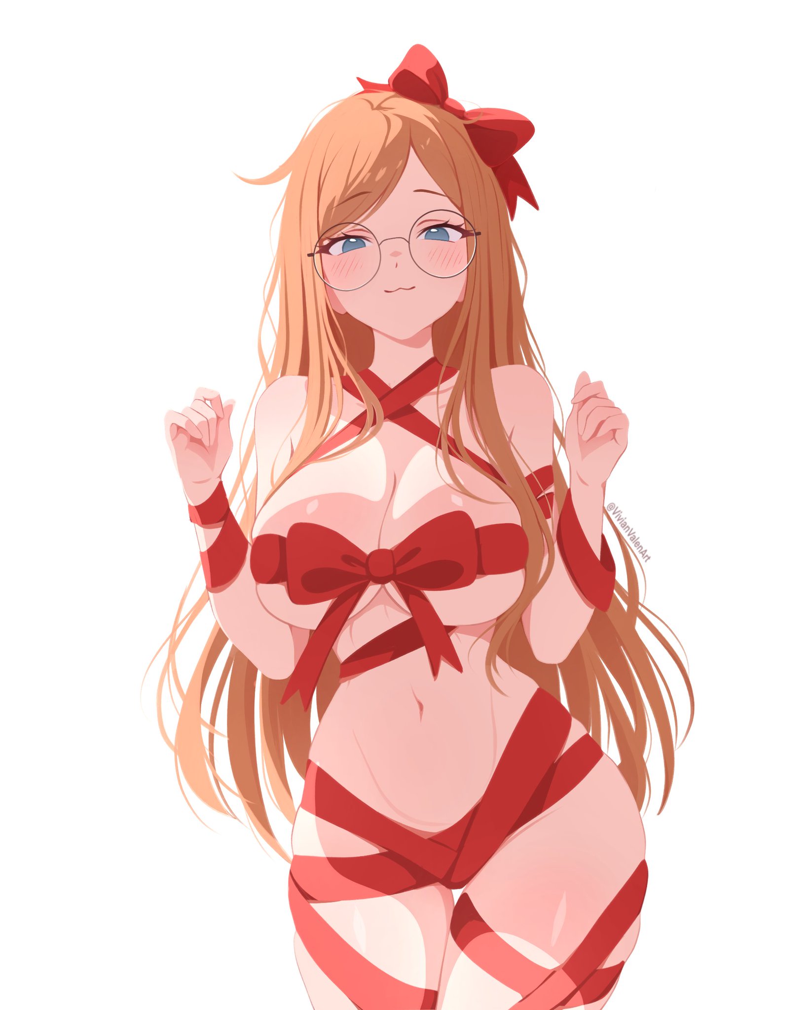 :3, 1girls, blue eyes, blush, breasts, brown hair, covered nipples, covering crotch, female focus, female only, glasses, large breasts, long hair, looking at viewer, simple background, smiling, smiling at viewer, solo, solo female, vivianvalenart, white background, wrapped up