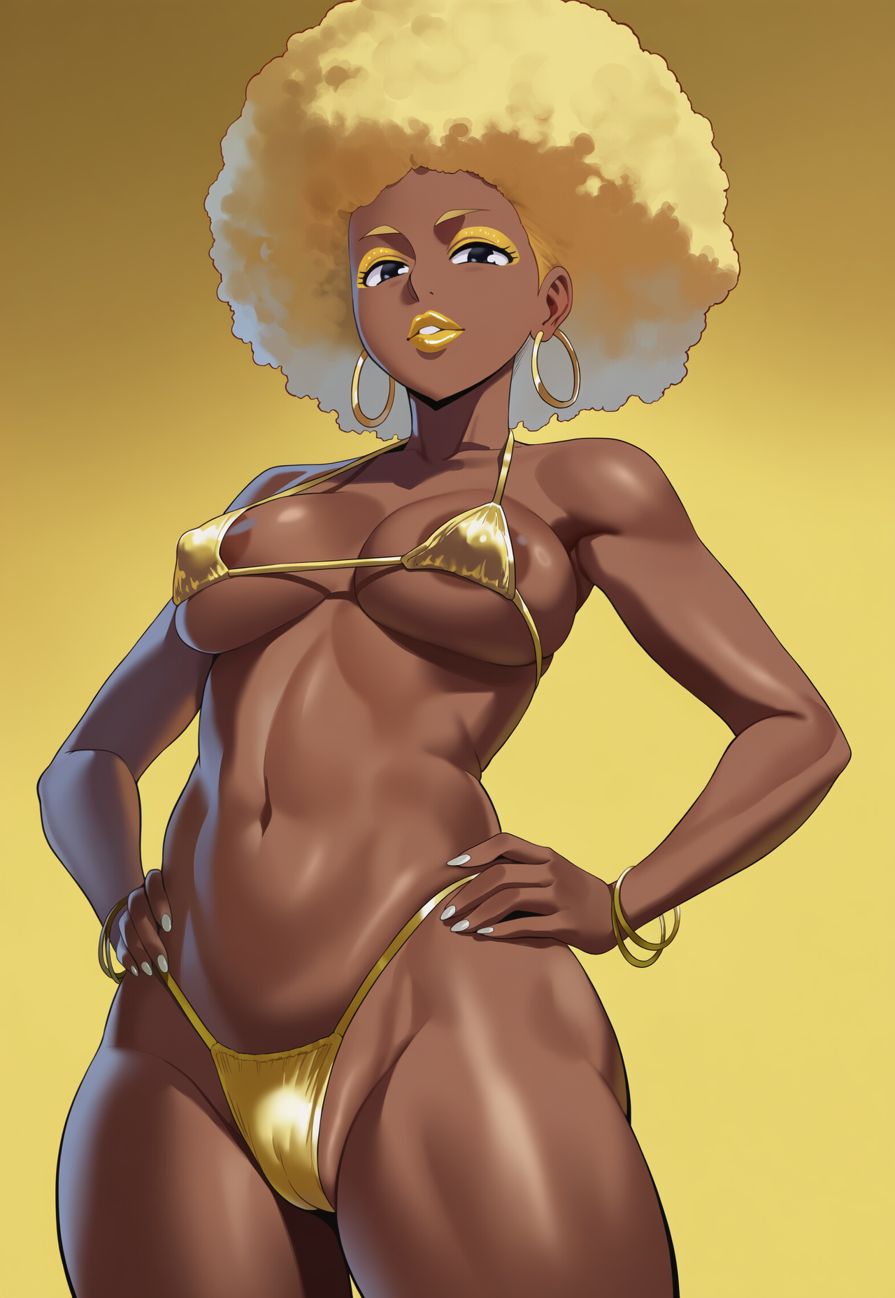 afro, ai generated, areola slip, big breasts, big hair, bikini, black eyes, blonde hair, bracelet, cameltoe, covered nipples, dark-skinned female, earrings, ebony, eyeshadow, female, golden bikini, golden lipstick, hoop earrings, jagat ai, makeup, micro bikini, original, original character, plain background, solo, solo female, toned female