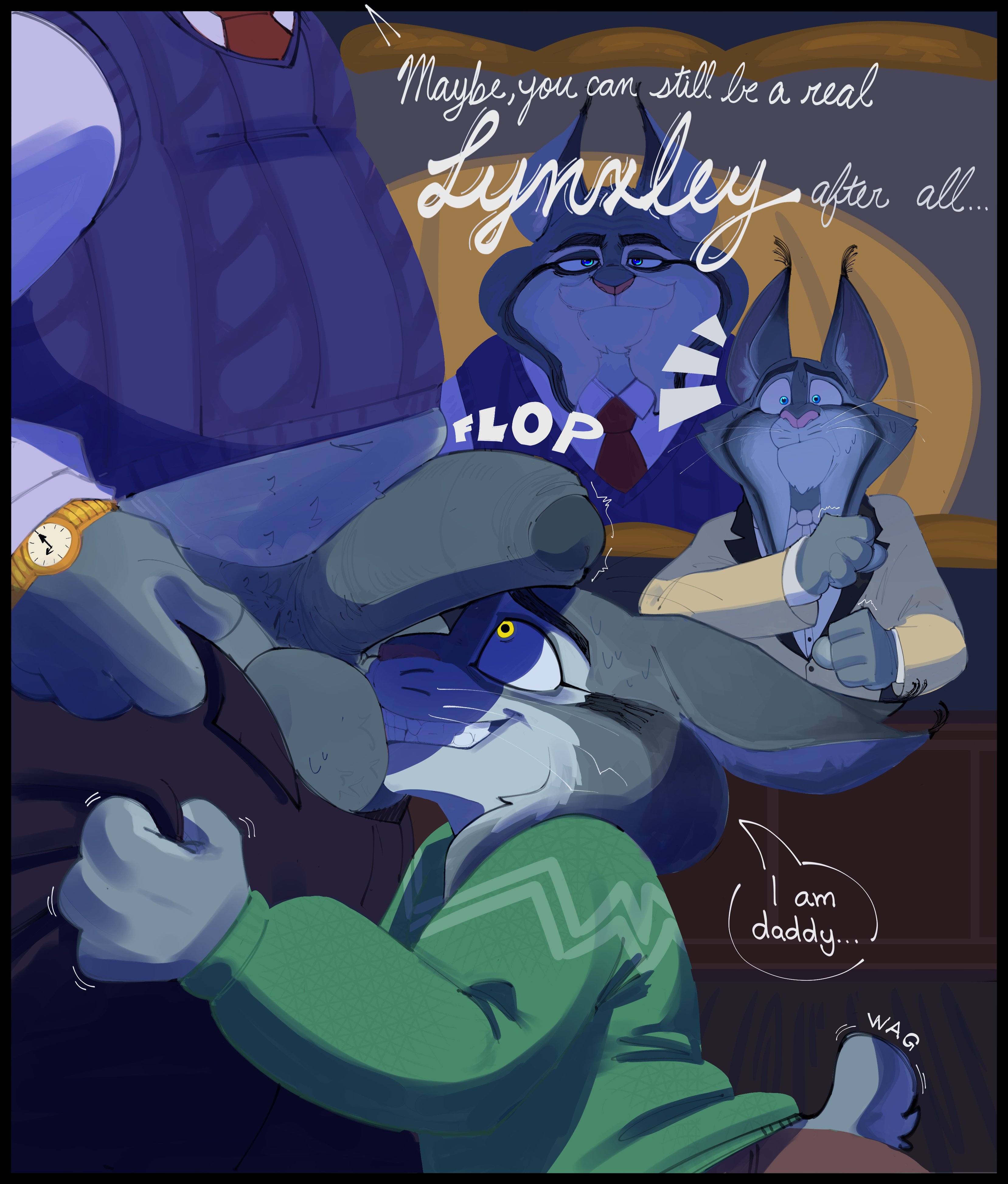 absurd res, anthro, balls, biped, blue eyes, clock, disney, duo, erection, father (lore), father and child (lore), father and son (lore), felid, feline, foreskin, fur, gay, genitals, glans, hi res, humanoid genitalia, humanoid penis, incest (lore), lynx, male, male/male, mammal, milton lynxley, orange body, orange fur, parent (lore), parent and child (lore), parent and son (lore), pawbert lynxley, penis, pink nose, pupils, side view, son (lore), sushiamazing, teeth, text, watch, whiskers, wristwatch, yellow eyes, zootopia