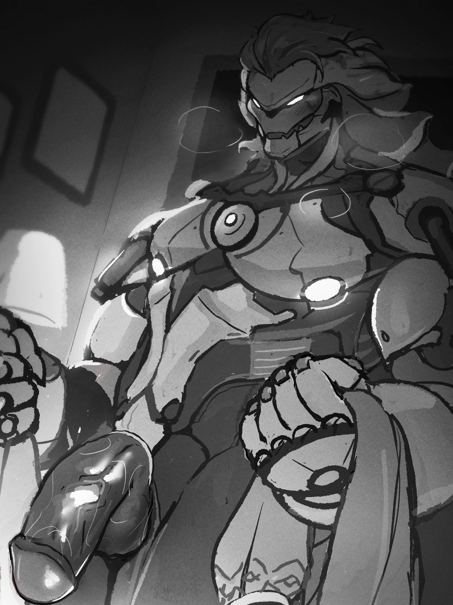 android, banyue (zenless zone zero), black and white, blush, breath cloud, circumcised, flaccid, holding towel, male, male only, monochrome, muscular, muscular male, nude, penis out, robot, robot humanoid, solo, solo male, trickster23, veiny penis, zenless zone zero