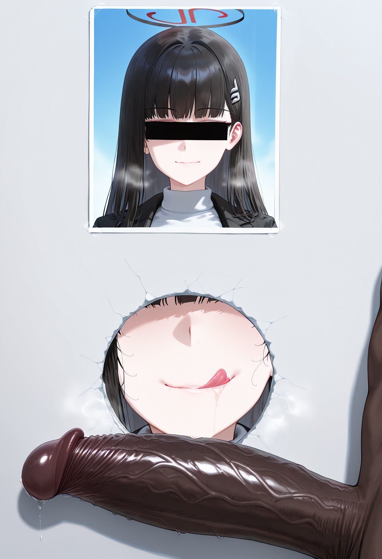 1boy, 1girls, ai generated, allenby, big penis, blue archive, dark skin, dark-skinned male, female, glory hole, interracial, male, rio (blue archive)