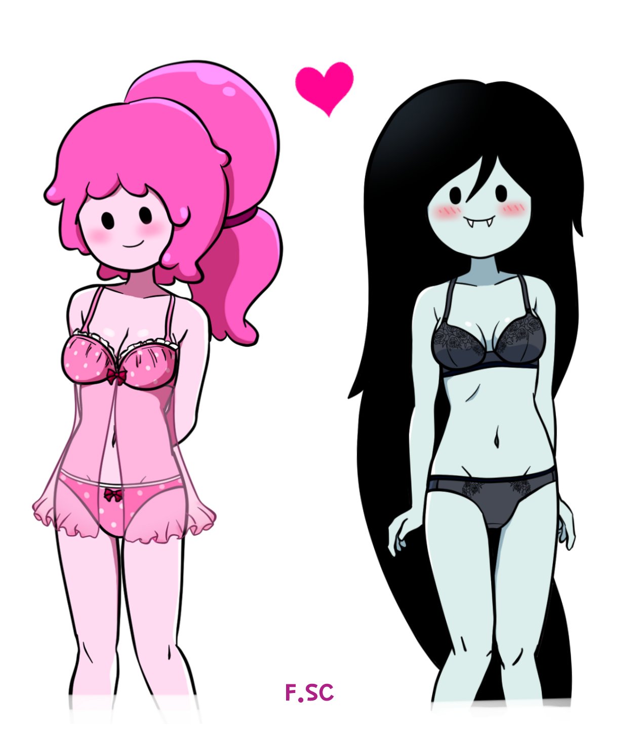 2020, 2girls, adventure time, black panties, blush, bra, breasts, canon couple, cartoon network, cleavage, fangs, female, female only, fizzyspidercider, lingerie, long hair, marceline, multiple females, multiple girls, pink bra, pink panties, princess bubblegum, simple background, underwear, yuri