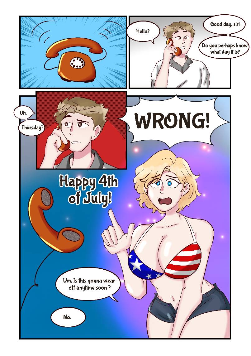 1boy, 1girls, american, american flag bikini, ass, bbw, belly, belly button, big ass, bikini, blonde female, blonde hair, blue eyes, butt focus, color, comic, english, english text, feminization, fourth of july, gender transformation, genderswap (mtf), holidays, huge ass, male to female, mlg-man, mtf transformation, nationality, original, original character, patriotic, patriotic clothing, rule 63, short shorts, shorts, simple background, solo, solo focus, solo male, swimsuit, telephone, text, transformation, united states of america, white skin