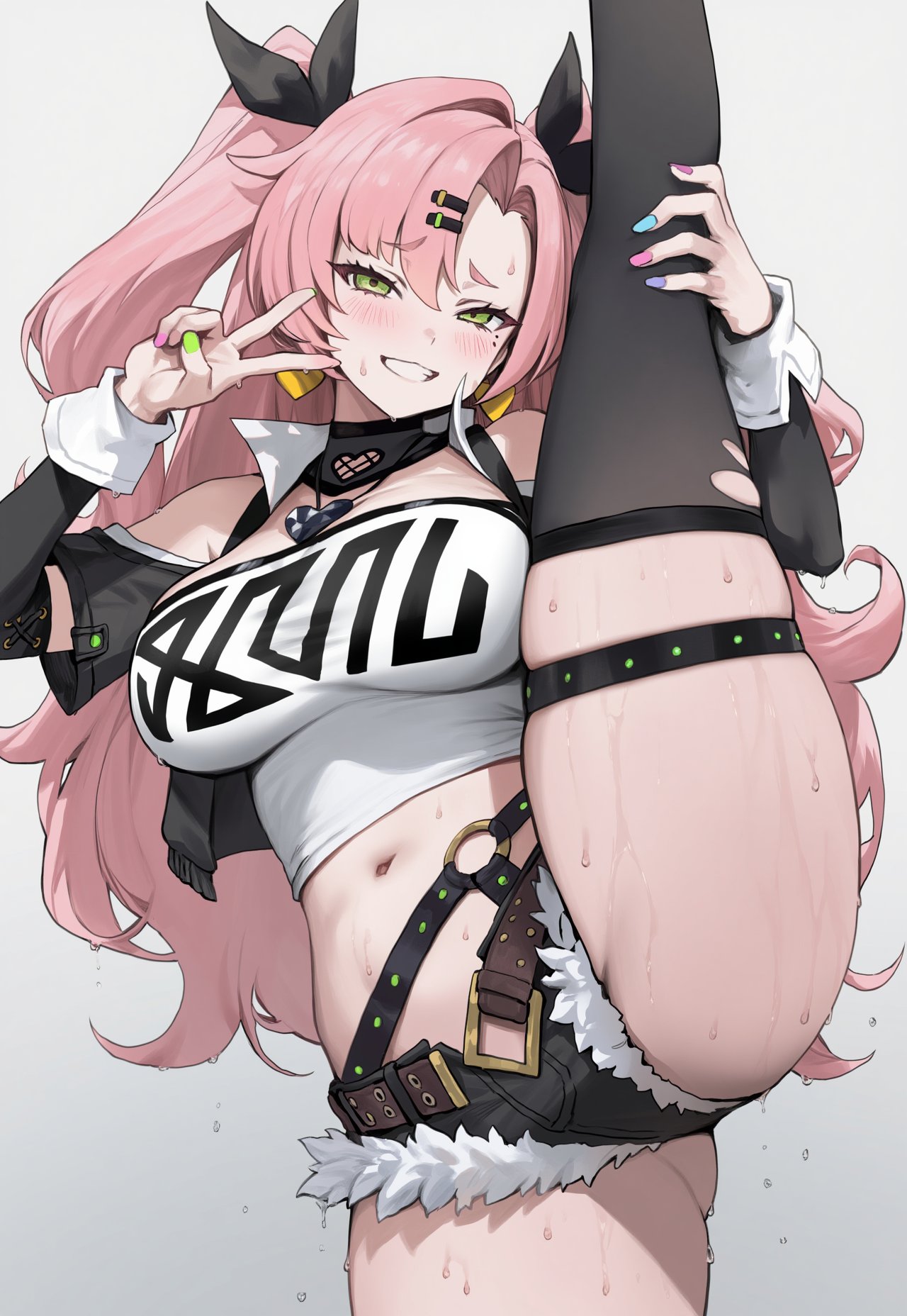 1girls, ai generated, ass, blush, breasts, clothed, clothed female, female, green eyes, grin, huge ass, huge breasts, light skin, light-skinned female, looking at viewer, mihoyo, navel, nicole demara, one leg up, peace sign, pink hair, smile, standing on one leg, standing splits, sweat, sweatdrop, thick thighs, thighs, truck kun, truck-kun art, v, zenless zone zero
