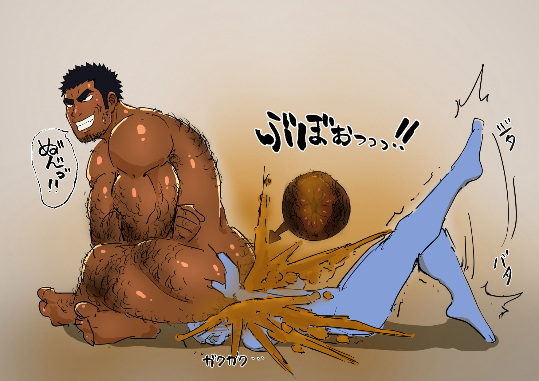 2024, 2boys, anon, anus, ass, bara, big ass, blush, dark skin, facesitting, fart, farting in face, gay, hairy, human, human only, male, male only, mojamoja, original, scat, shart, sharting, sharting on face, simple background, white background, yaoi