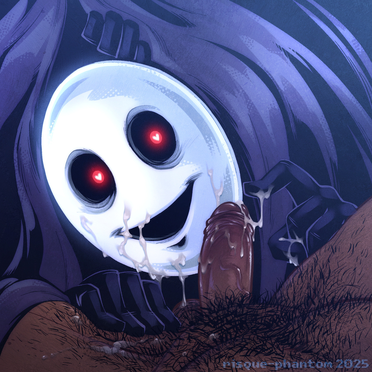 2boys, after fellatio, facial, gay, heart eyes, human, look outside, male, masked male, monster, non-human, non-human body, pov, risque phantom, sam (look outside), shadow (look outside), shadow creature