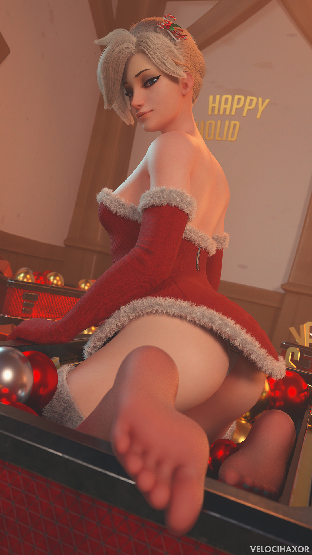1girls, 3d, ass, back, back view, bare shoulders, barefoot, blonde hair, blue eyes, christmas, christmas outfit, clothed female, feet, female, female only, foot fetish, foot focus, kneeling, looking at viewer, looking back, mercy, overwatch, pov feet, presenting foot, presenting hindquarters, soles, thong, toes, velocihaxor, white thong