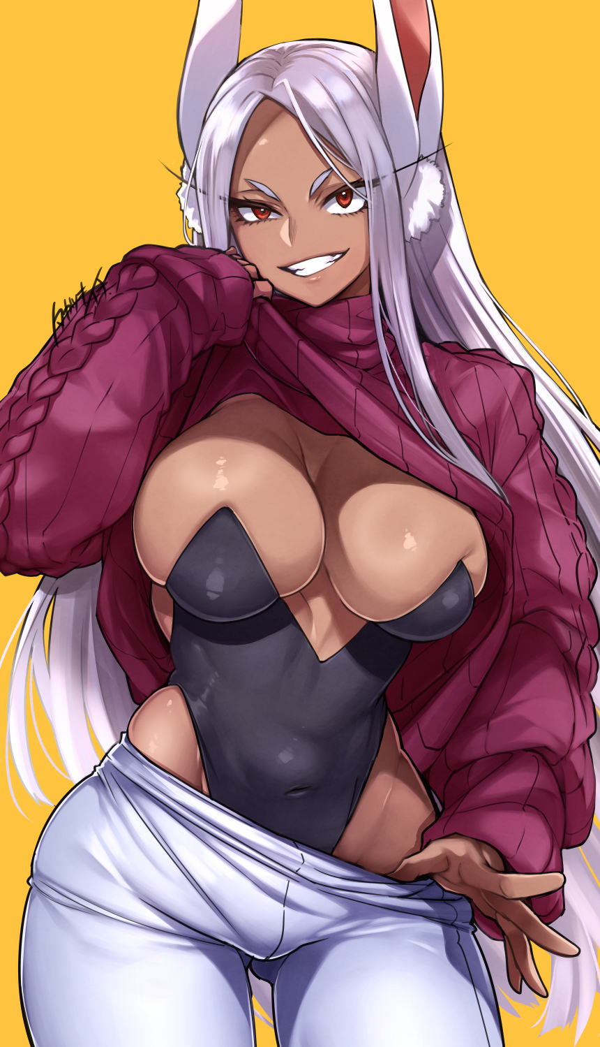 1girls, absurdres, animal ear fluff, animal ears, armpits, ass visible through thighs, bare shoulders, black leotard, boku no hero academia, breasts, bunnysuit, cable knit, closed mouth, clothes lift, commentary, covered abs, covered navel, cowboy shot, dark skin, dark-skinned female, female, from below, grey hair, grey leggings, grin, hair between eyes, hands on own hips, highleg, highleg leotard, highres, large breasts, latex, leggings, leotard, leotard under clothes, lifting own clothes, long eyelashes, long hair, long sleeves, looking at viewer, mirko, miruko, my hero academia, nail polish, rabbit ears, rabbit girl, red eyes, red nails, red sweater, rumi usagiyama, short eyebrows, shounen jump, signature, simple background, skindentation, sleeves past wrists, smile, solo, standing, staring, strapless, strapless leotard, sweater, sweater lift, takatsuki ichi, thighs, toned, turtleneck, turtleneck sweater, v-shaped eyebrows, very long hair, white hair, wrist cuffs, yellow background