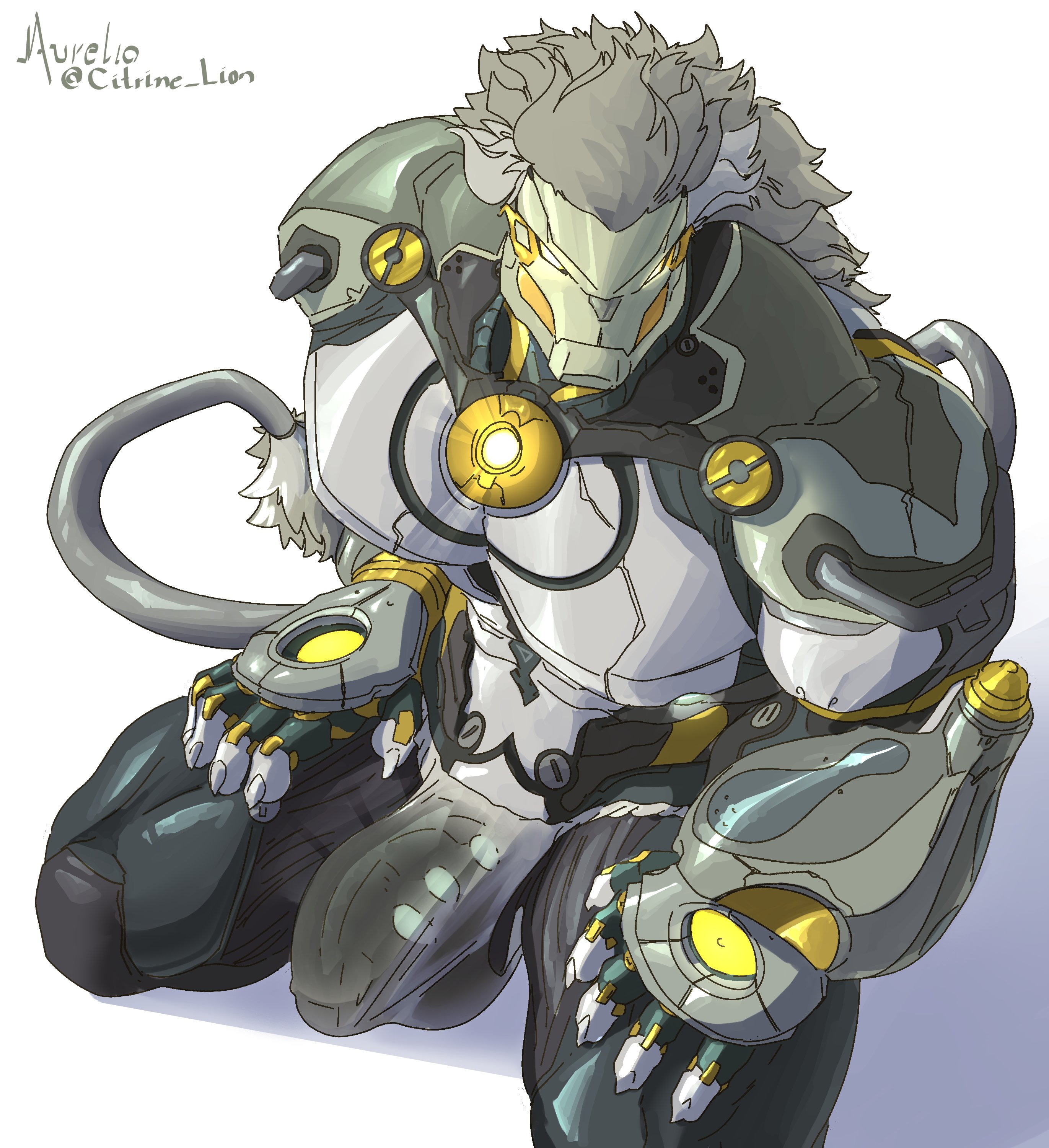 android, balls, banyue (zenless zone zero), big breasts, black cock, bulge, citrine lion, flaccid, grey hair, kneeling, looking at viewer, looking up, male only, muscular, muscular male, robot, robot humanoid, solo, solo male, tail, transparent clothing, zenless zone zero