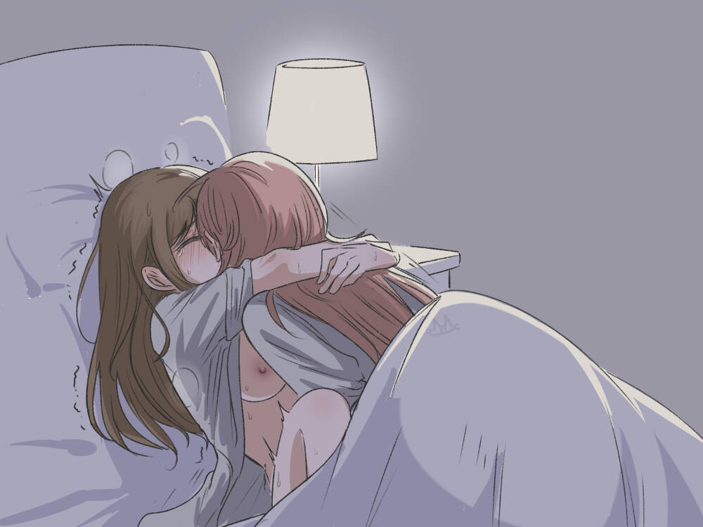 2girls, bang dream!, bang dream! it's mygo!!!!!, breasts, brown hair, chihaya anon, commentary request, fanjing, hug, kissing, large breasts, lesbian sex, long hair, multiple girls, nagasaki soyo, nipples, open clothes, open shirt, pink hair, shirt, sidelocks, under covers, white shirt, yuri
