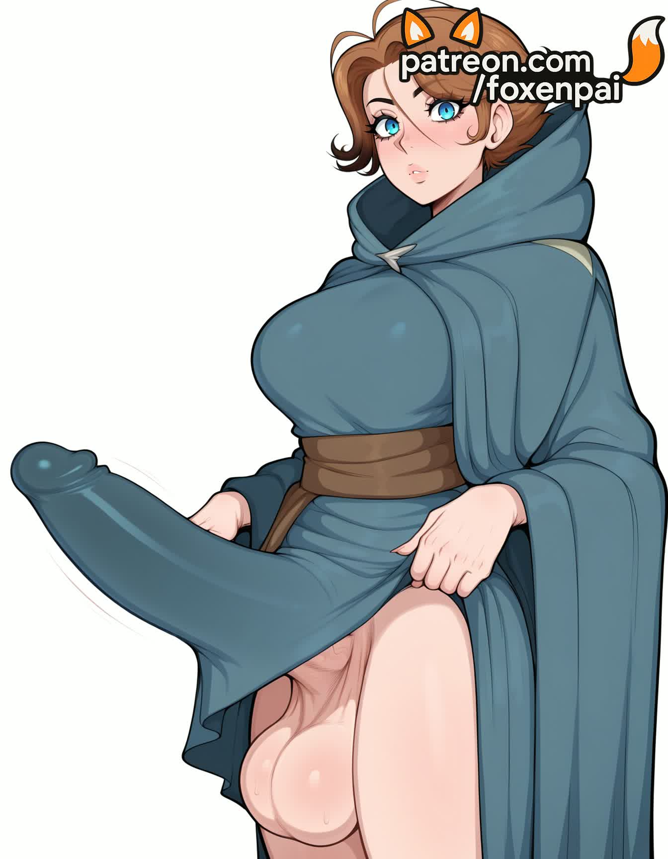 1futa, 2026, ai generated, artist name, blue eyes, blush, brown hair, bulge, castlevania, castlevania (netflix), clothes lift, cock, dick, dress, erection, erection under clothes, foreskin, foxenpai, futanari, genderswap (ftm), hi res, high quality, high resolution, highres, hood, hood down, large penis, large testicles, male focus, newhalf, otoko no ko, patreon, patreon username, penis, phimosis, precum, rule 63, solo, stable diffusion, sypha belnades, testicles, watermark
