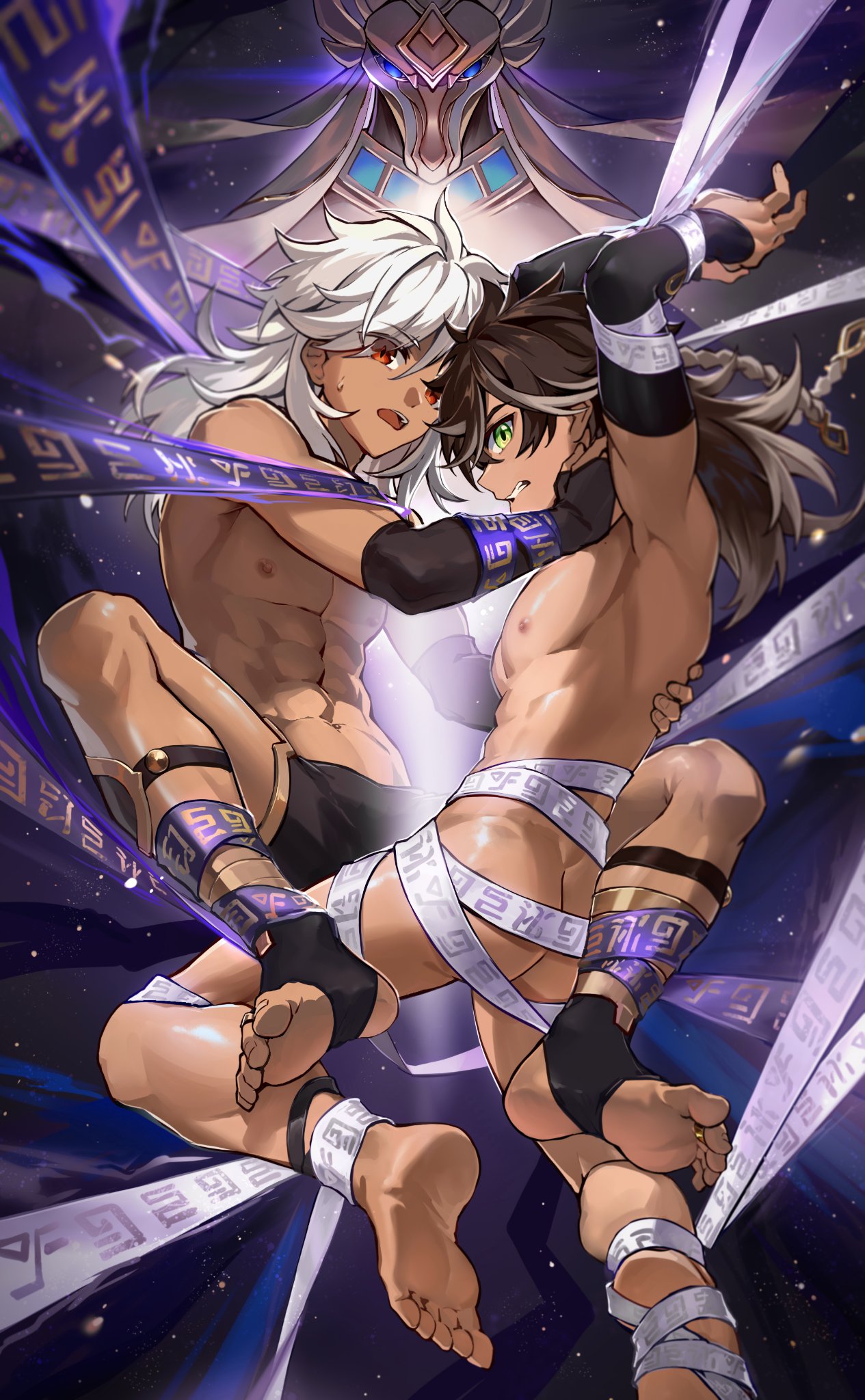 2boys, abs, ass, barefoot, brown hair, butt focus, cyno (genshin impact), feet, gay, genshin impact, green eyes, half naked, hoyoverse, male, male focus, male only, male/male, mihoyo, muscles, muscular, muscular male, red eyes, sethos (genshin impact), sumeru, tan body, tan skin, tanned, tanned male, tanned skin, underwear, white hair, yaoi