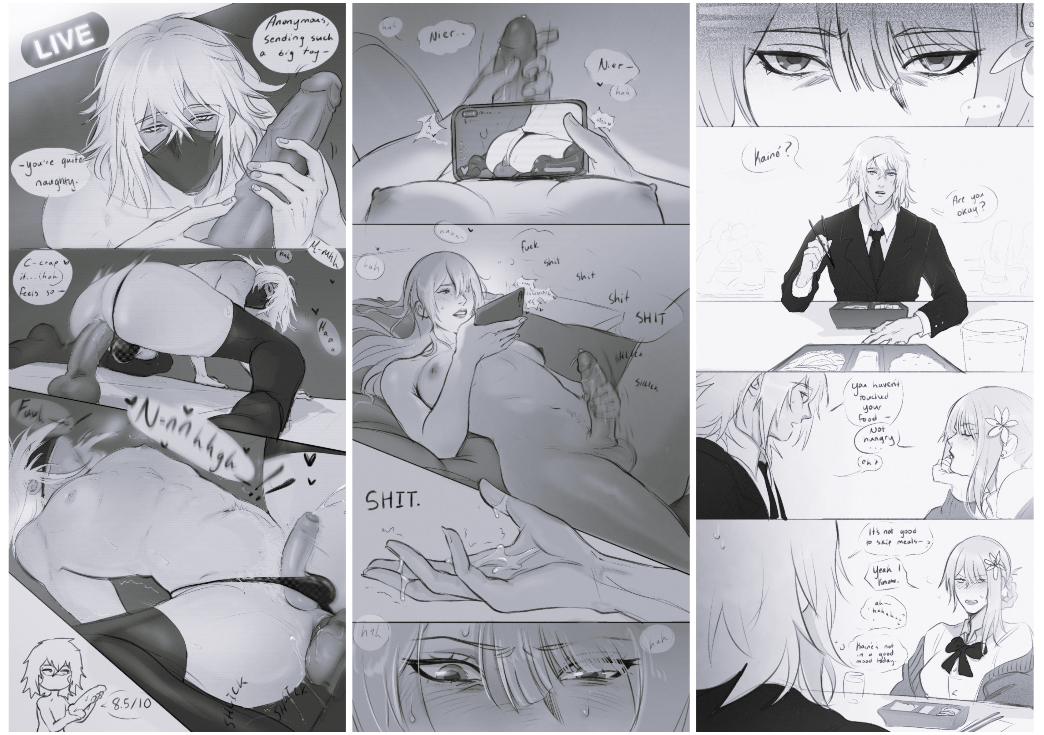 anal, anal orgasm, anal sex, balls, balls deep, blush, boy, breasts, bulge, comic, comic page, cum, cumming, cursoulla, cute, dildo, english text, female focus, female masturbation, female/male, flower in hair, futa focus, futanari, girl, gray hair, greyscale, handjob, high resolution, highres, kaine (nier), large breasts, large penis, livestream, long hair, looking at viewer, low-angle view, lucsorola, lying, lying on bed, male focus, male masturbation, male penetrated, male/female, mask, masked male, masturbation, medium hair, multiple views, muscular, nier, nier (character), nier (series), nier replicant, nipples, object insertion, orgasm, phone, pov, riding, riding dildo, school uniform, sequence, sex toy, simple background, solo, squatting, straight, streamer, streaming, suit, sweat, teacher and student, teasing, text, thighhighs, thighs, thong, thong aside, toy, tummy bulge, uncircumcised, voluptuous, watching, white hair