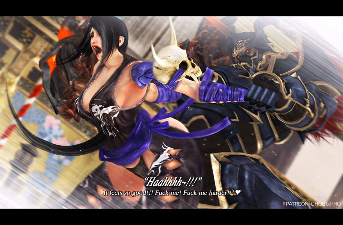 1boy 1girls 3d black_hair chobixpho clothed_sex dialogue eyes_closed female from_behind male moaning nightmare_(soul_calibur) open_mouth ponytail rough_sex sex shura_(soul_calibur) soul_calibur straight text unseen_male_face